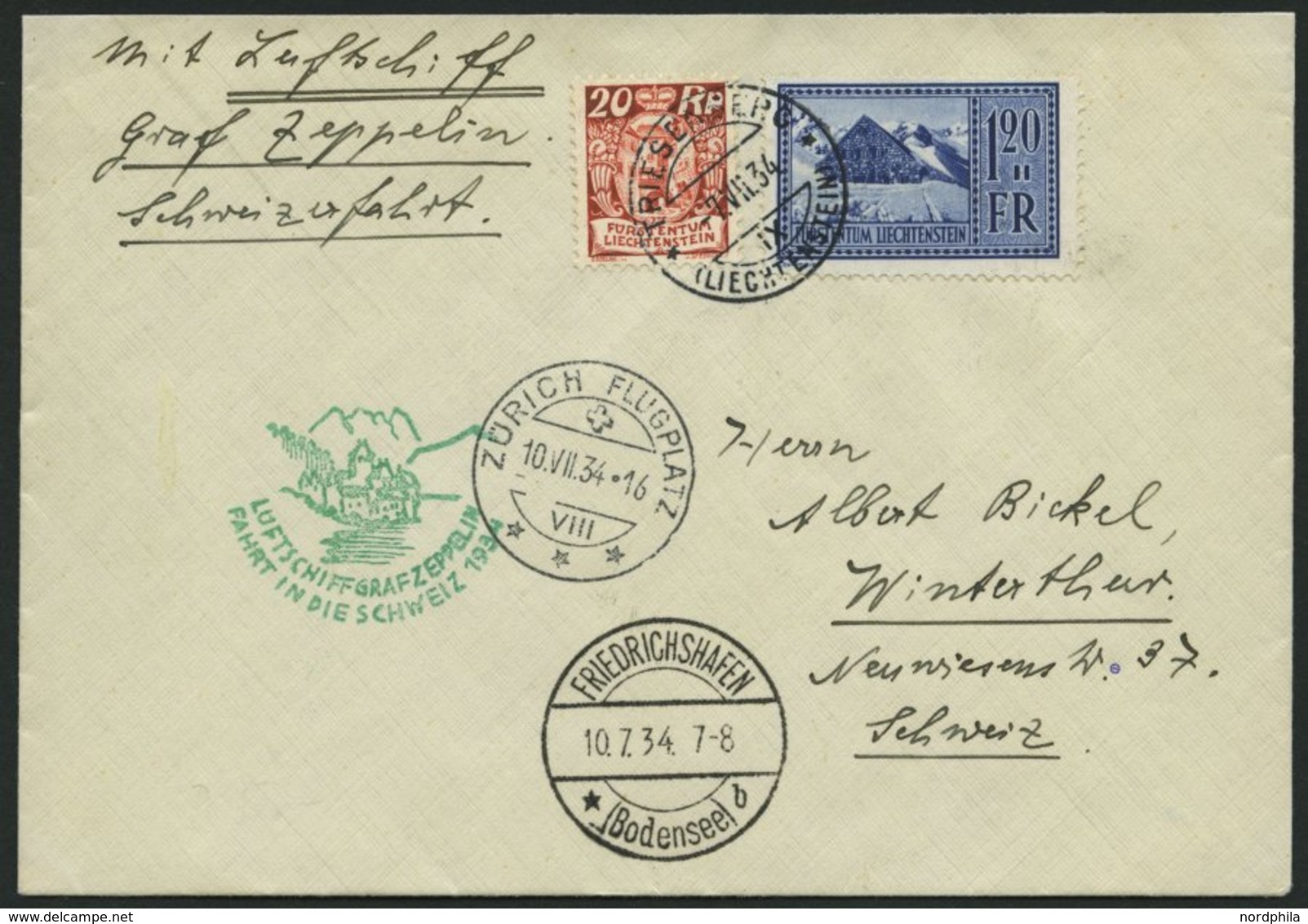 ZULEITUNGSPOST 259 BRIEF, Liechtenstein: 1934, Schweizfahrt, Prachtbrief - Zeppelins