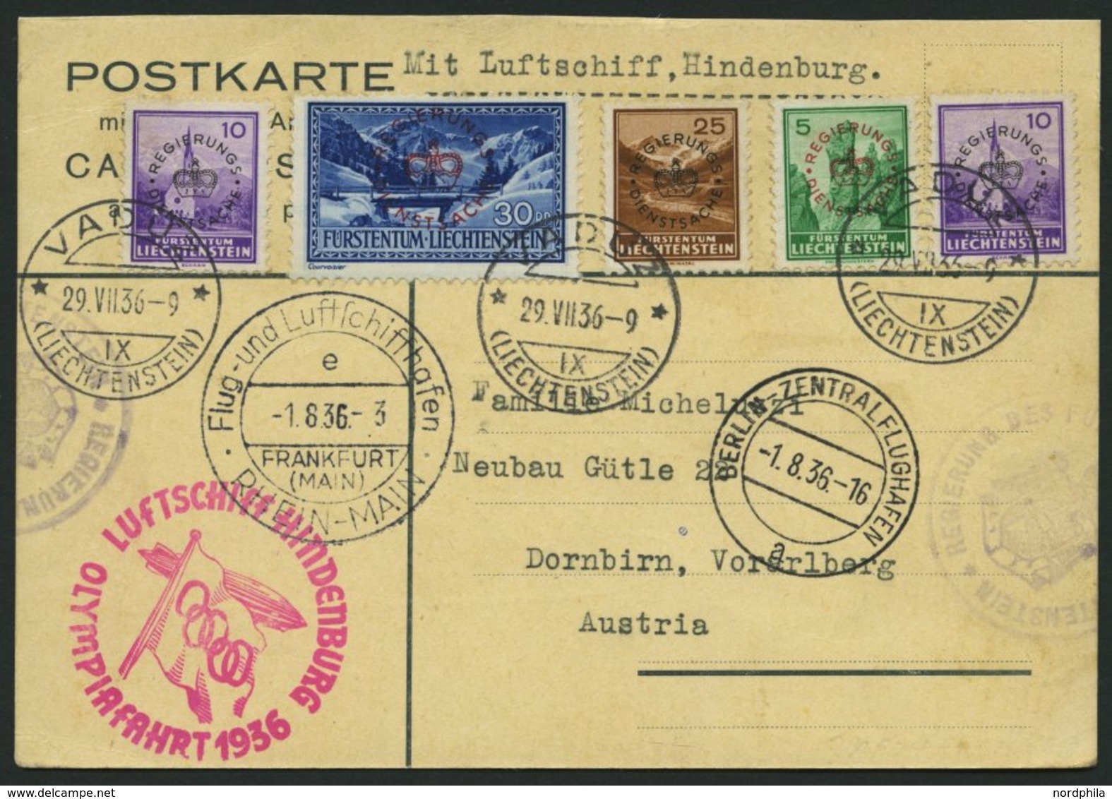 ZULEITUNGSPOST 427 BRIEF, Liechtenstein: 1936, Olympiafahrt, Mit Dienstmarken-Frankatur, Prachtkarte Nach Österreich - Zeppelins