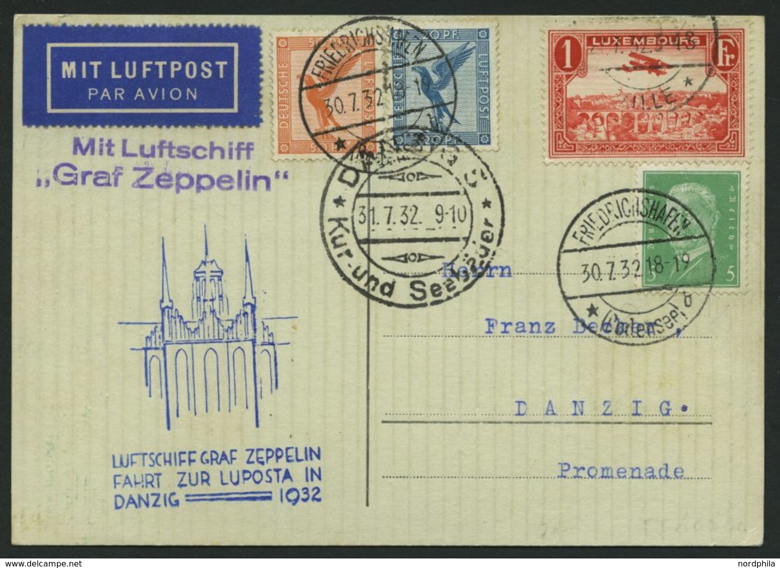 ZULEITUNGSPOST 169 BRIEF, Luxemburg: 1932, Lupostafahrt, Prachtkarte - Zeppelin