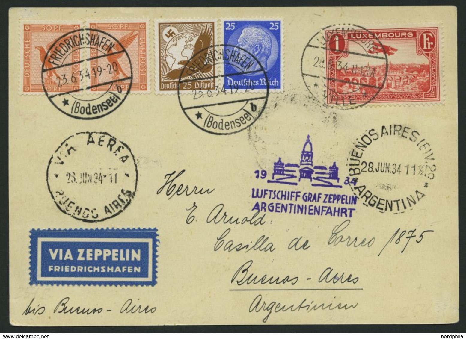 ZULEITUNGSPOST 254 BRIEF, Luxemburg: 1934, Argentinienfahrt, Prachtkarte - Zeppelins