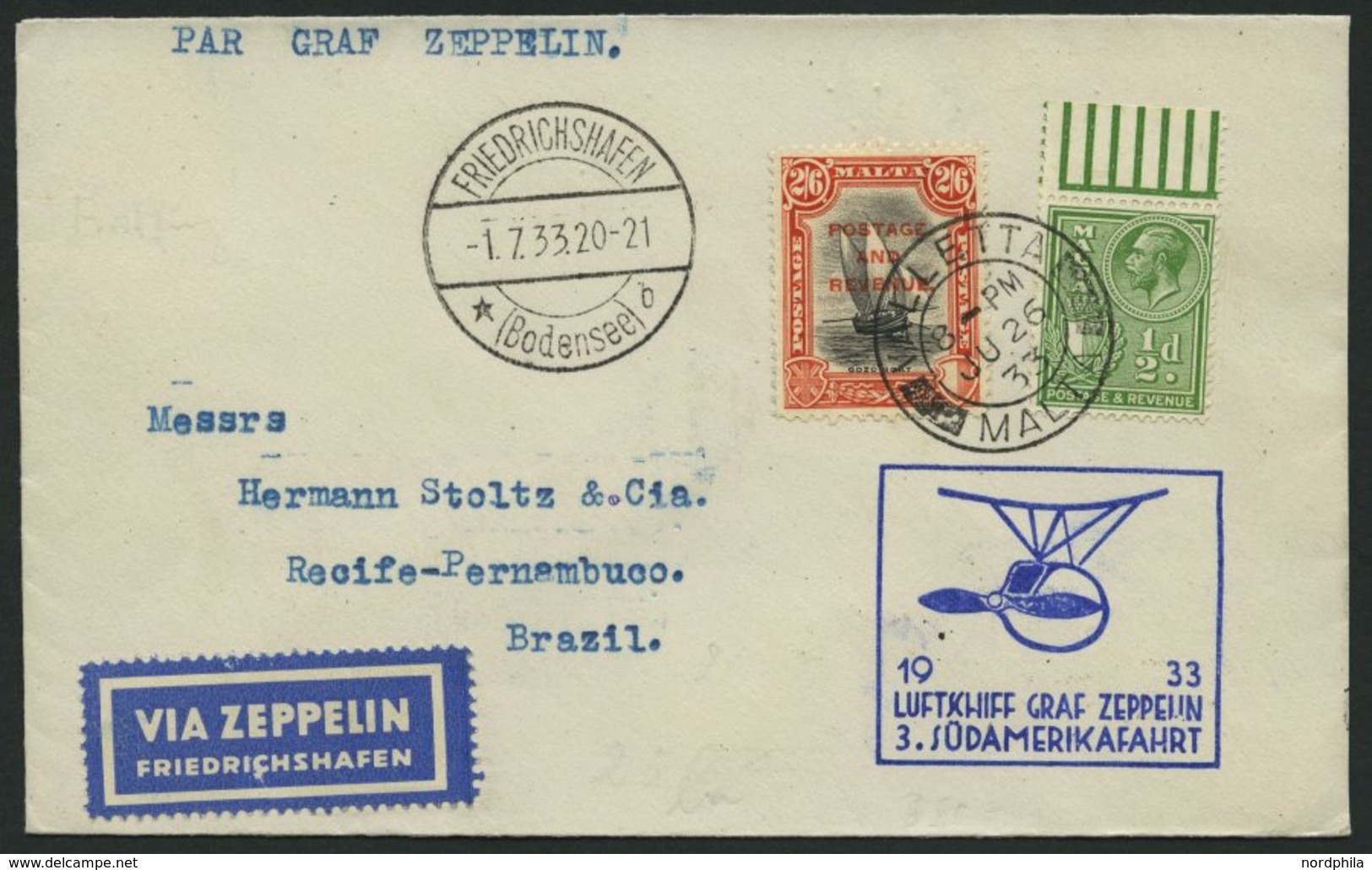 ZULEITUNGSPOST 219 BRIEF, Malta: 1933, 3. Südamerikafahrt, Prachtbrief - Zeppeline