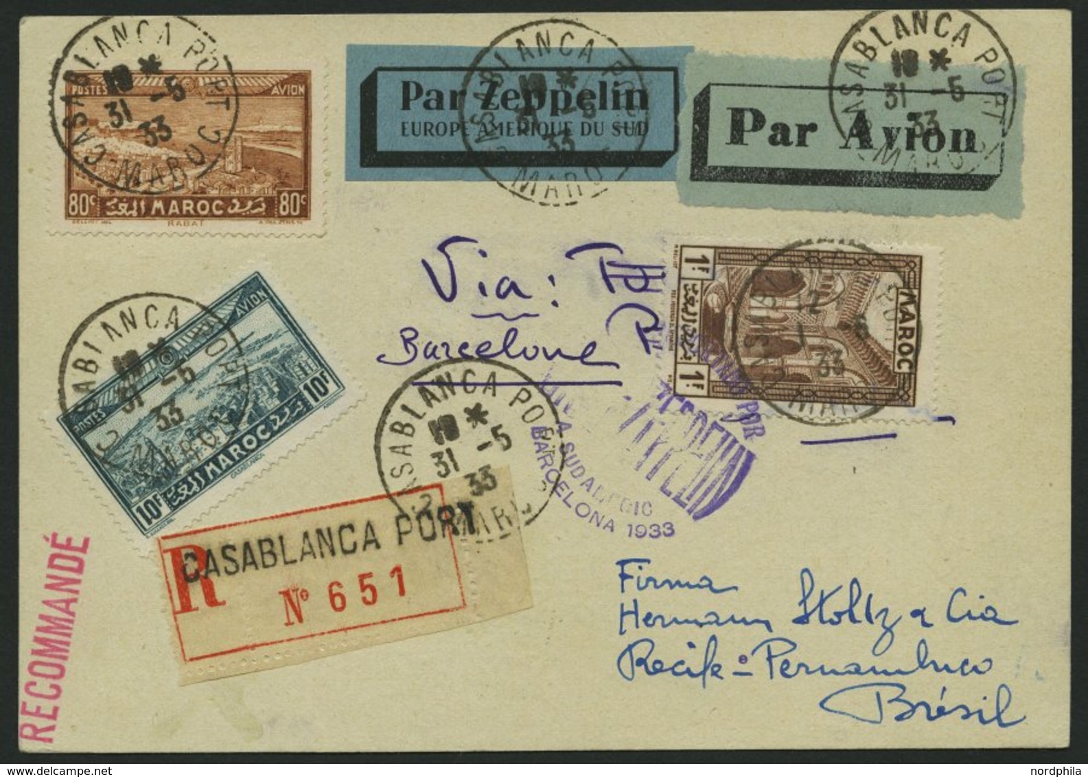 ZULEITUNGSPOST 214 BRIEF, Marokko Spanisches Protektorat: 1933, 2. Südamerikafahrt, Einschreibkarte, Pracht - Zeppelins
