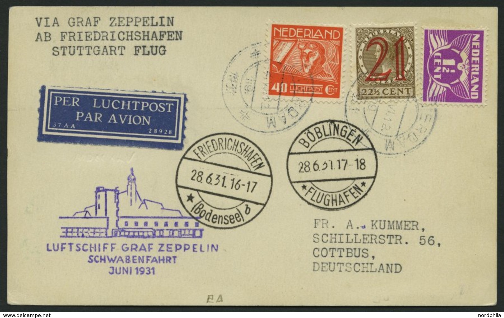 ZULEITUNGSPOST 112 BRIEF, Niederlande: 1931, Schwabenfahrt, Prachtkarte - Zeppelins