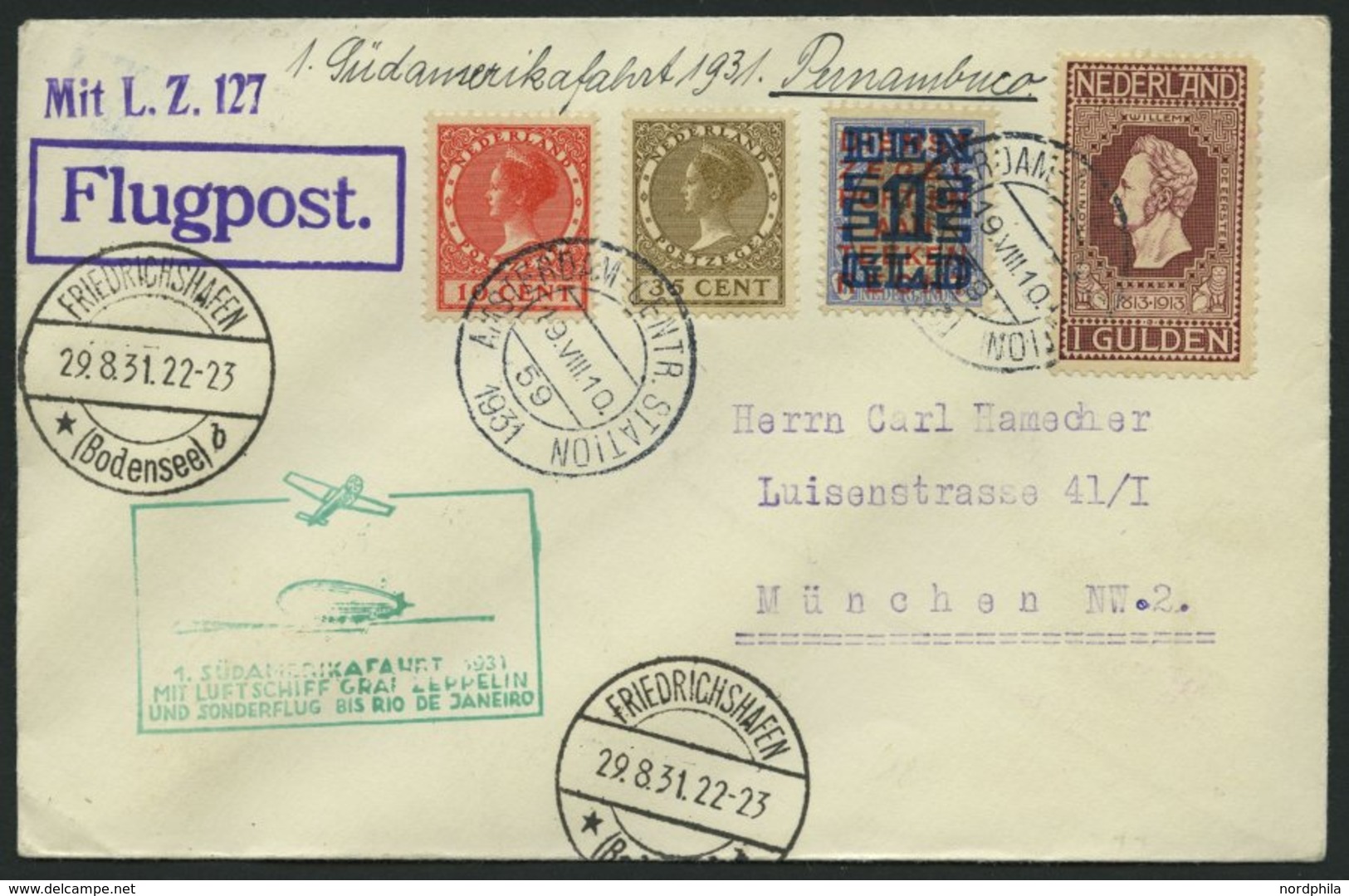 ZULEITUNGSPOST 124 BRIEF, Niederlande: 1931, 1. Südamerikafahrt, Bis Rio De Janeireo, Prachtbrief - Zeppelin