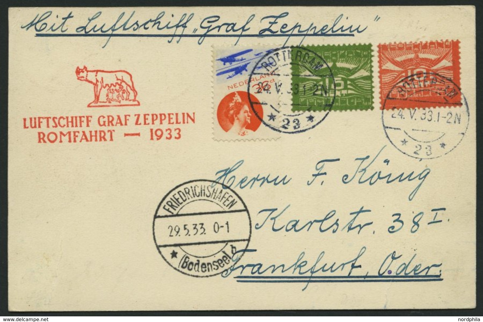 ZULEITUNGSPOST 207Aaa BRIEF, Niederlande: 1933, Italienfahrt, Auflieferung Friedrichshafen, Ohne Ankunftsstempel, Pracht - Zeppelin