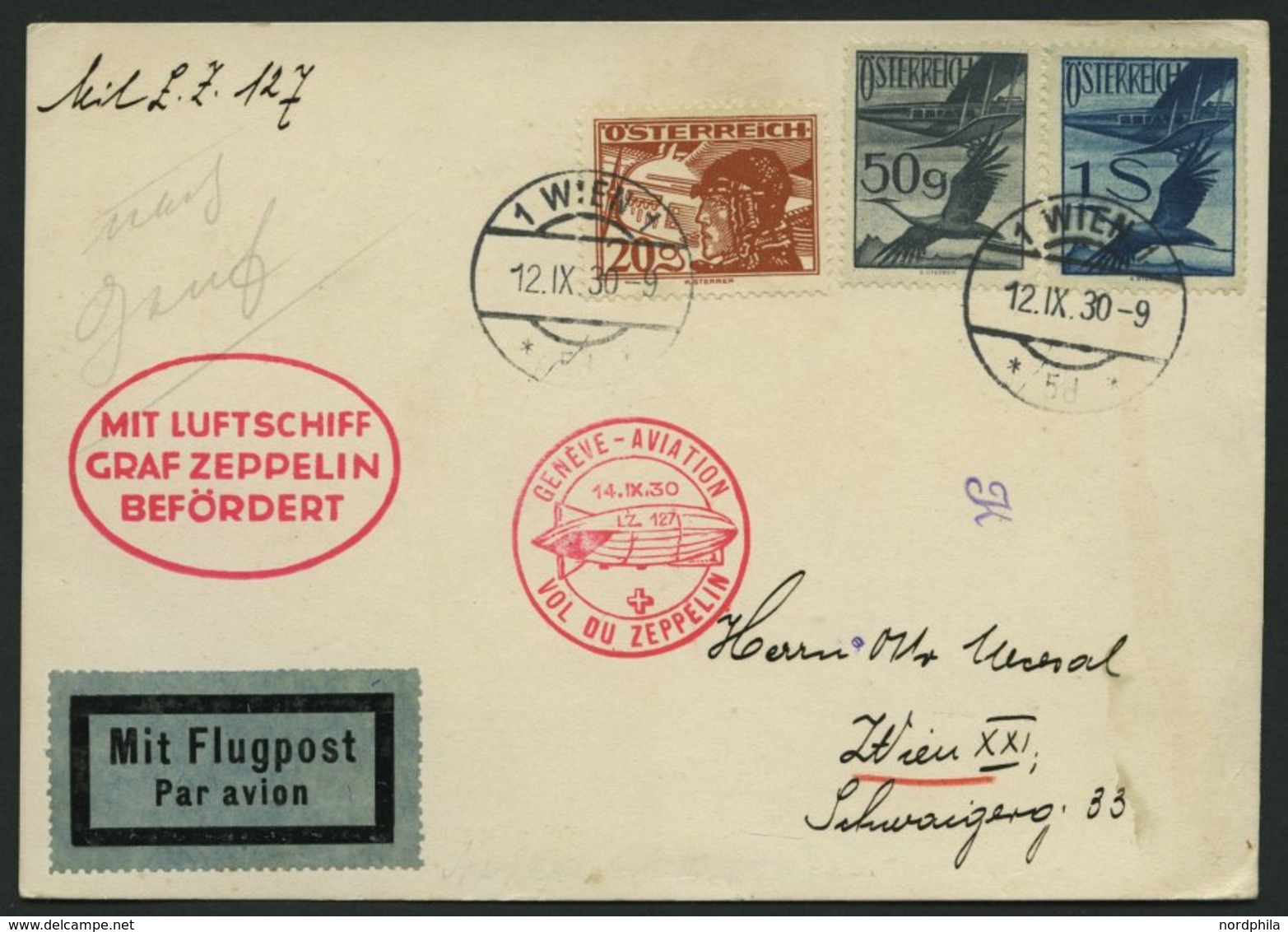 ZULEITUNGSPOST 86 BRIEF, Österreich: 1930, Fahrt Nach Genf, Karte Feinst - Zeppelins