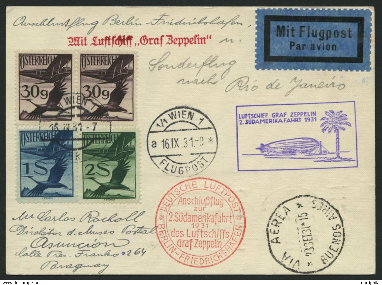 ZULEITUNGSPOST 129E BRIEF, Österreich: 1931, 2. Südamerikafahrt, Anschlussflug Ab Berlin, Nach Uruguay, Prachtkarte - Zeppelins