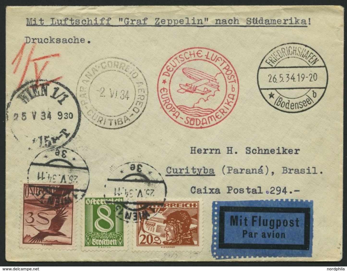 ZULEITUNGSPOST 247 BRIEF, Österreich: 1934, 1. Südamerikafahrt, Drucksachenbrief, Pracht - Zeppelins