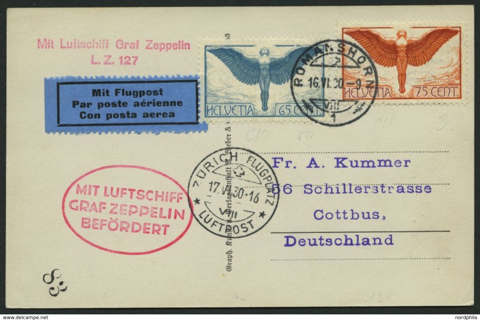 ZULEITUNGSPOST 66 BRIEF, Schweiz: 1930, Schweizfahrt, Prachtkarte - Zeppelins