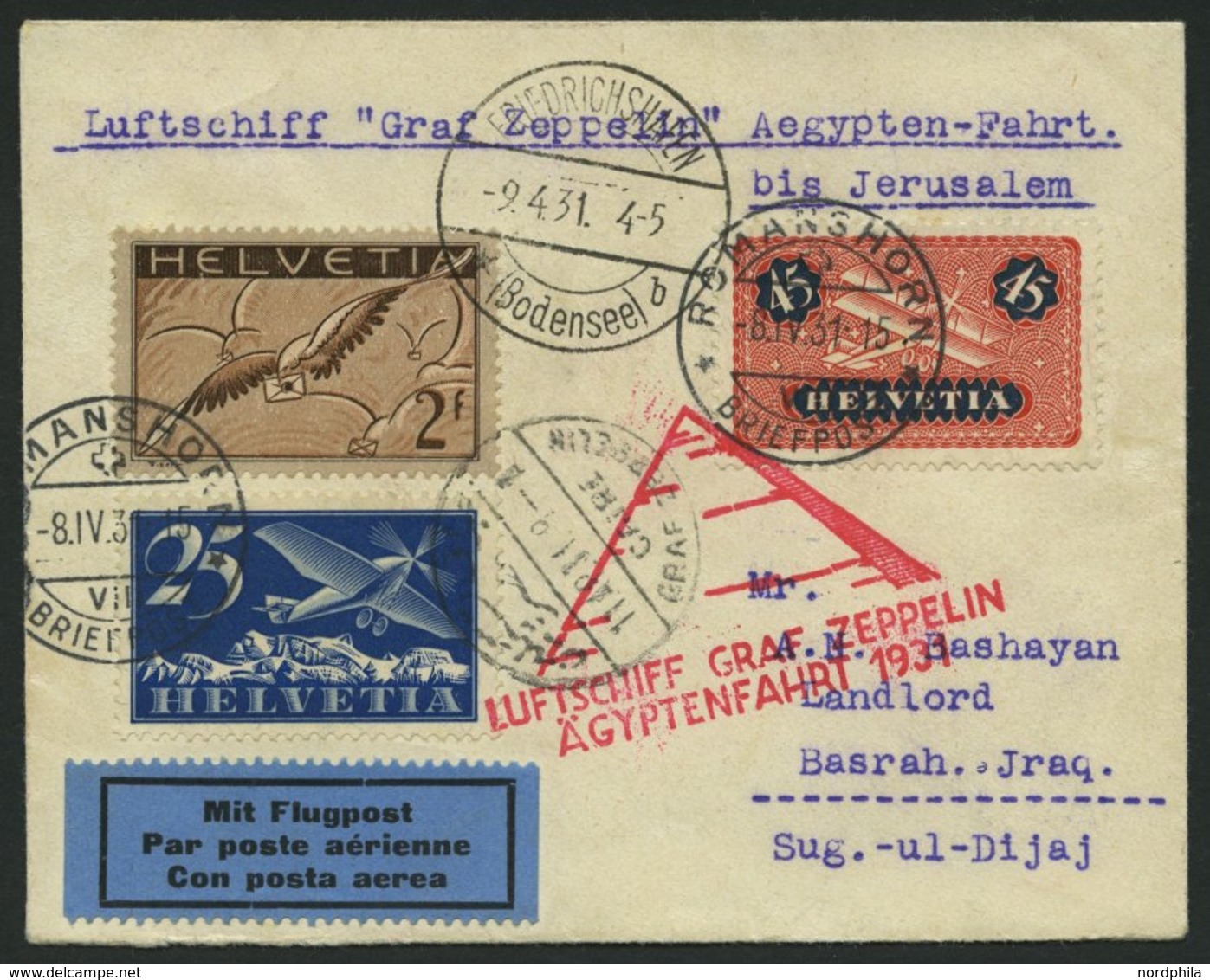 ZULEITUNGSPOST 104 BRIEF, Schweiz: 1931, Ägyptenfahrt, Prachtbrief - Zeppelins