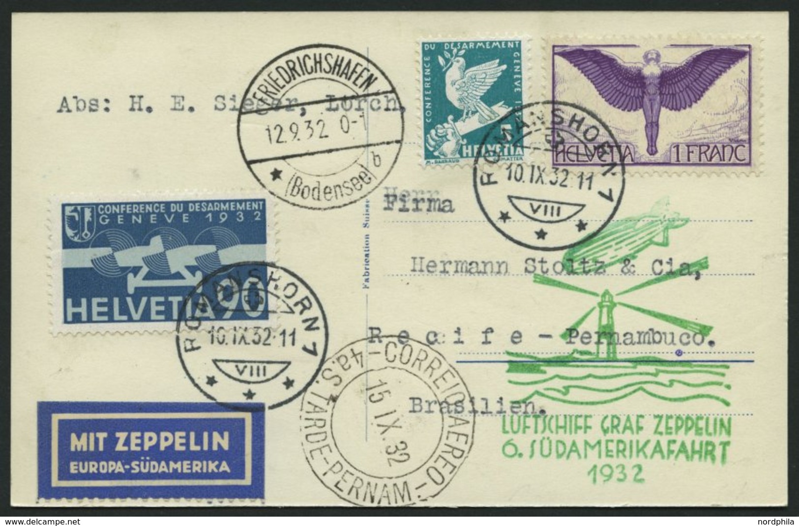 ZULEITUNGSPOST 177Aa BRIEF, Schweiz: 1932, 6. Südamerikafahrt, Auflieferung Friedrichshafen, Prachtkarte - Zeppelins