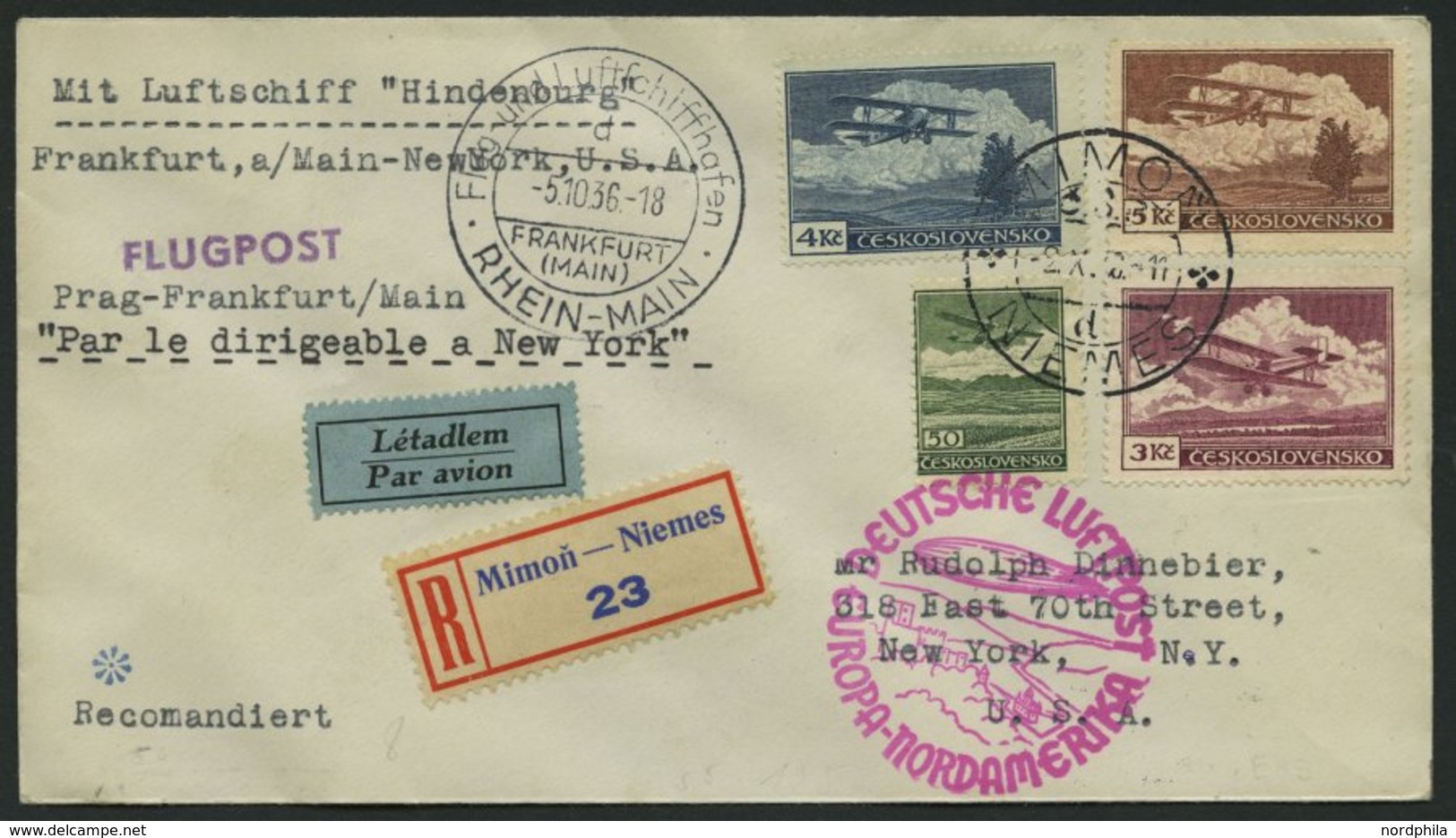 ZULEITUNGSPOST 441 BRIEF, Tschechoslowakei: 1936, 10. Nordamerikafahrt, Einschreibbrief, Pracht - Zeppelins