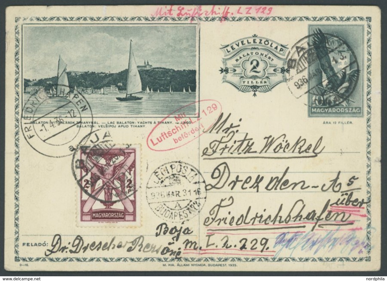 ZULEITUNGSPOST 401 BRIEF, Ungarn: 1936, 1. Postfahrt, Karte Etwas Stärkere Bedarfsspuren - Zeppelins