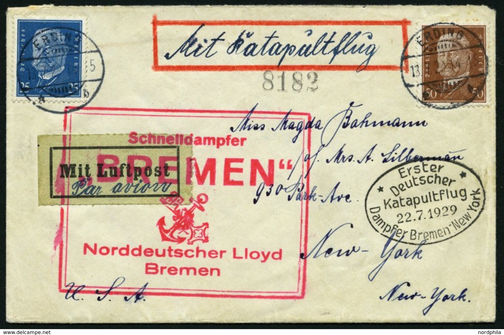 KATAPULTPOST 1a BRIEF, 22.7.1929, &quot,Bremen&quot, - New York, Landpostaufgabe, Prachtbrief - Lettres & Documents