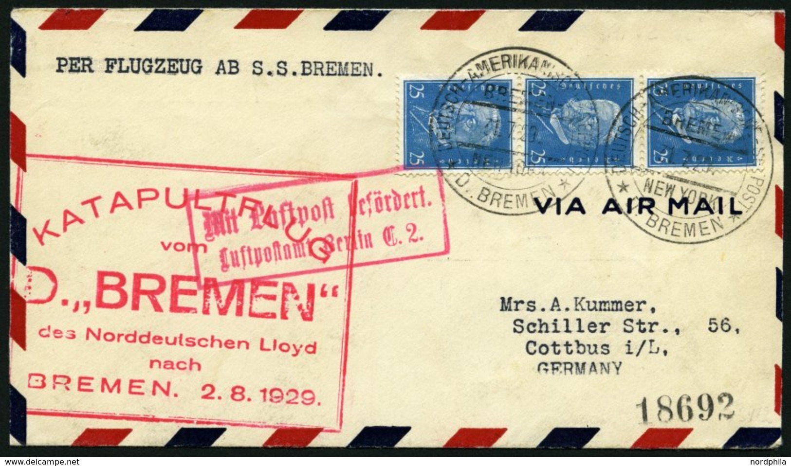 KATAPULTPOST 2c BRIEF, 1.8.1929, &quot,Bremen&quot, - Bremen, Deutsche Seepostaufgabe, Prachtbrief - Storia Postale