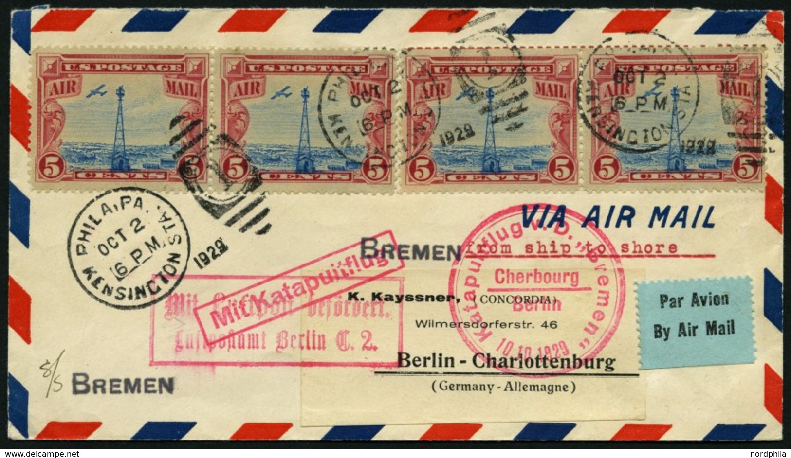 KATAPULTPOST 8a BRIEF, 10.10.1929, &quot,Bremen&quot, - Köln, US-Landpostaufgabe, Prachtbrief - Brieven En Documenten