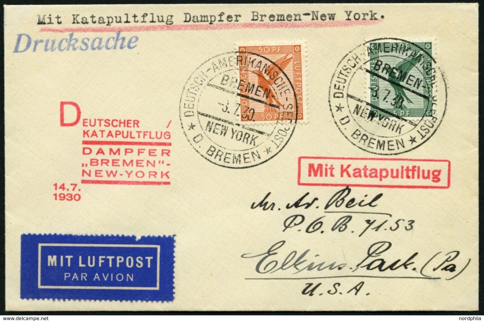 KATAPULTPOST 18b BRIEF, 14.7.1930, &quot,Bremen&quot, - New York, Seepostaufgabe, Drucksache, Prachtbrief - Brieven En Documenten