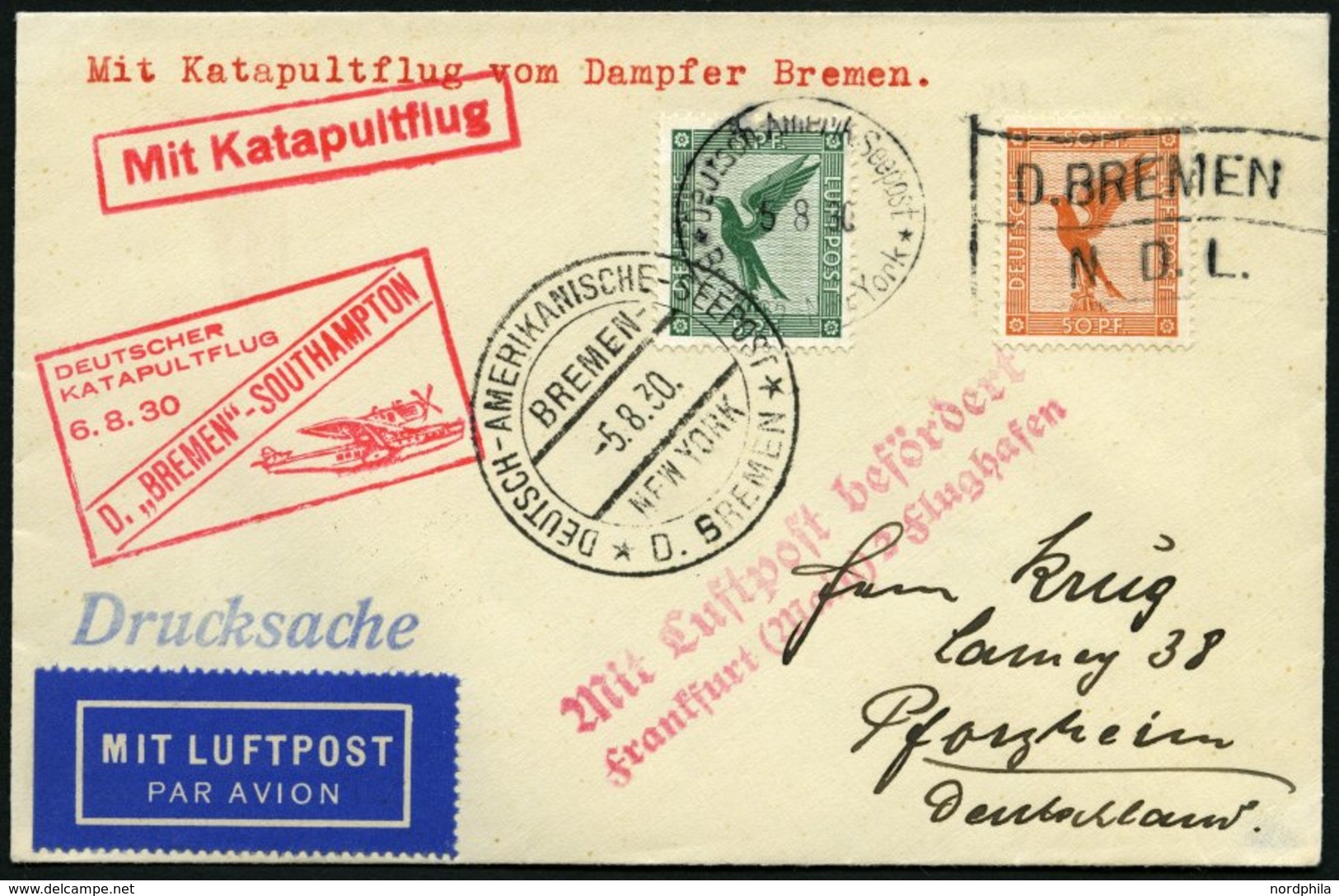 KATAPULTPOST 21c BRIEF, 6.8.1930, &quot,Bremen&quot, - Southampton, Deutsche Seepostaufgabe, Drucksache, Prachtbrief - Covers & Documents