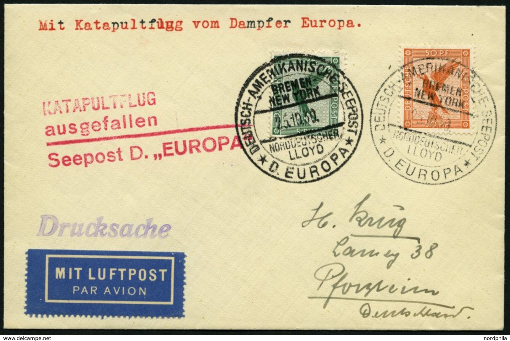 KATAPULTPOST 39c BRIEF, 25.10.1930, Europa - Flug Ausgefallen, Deutsche Seepost, Drucksache, Prachtbrief - Cartas & Documentos