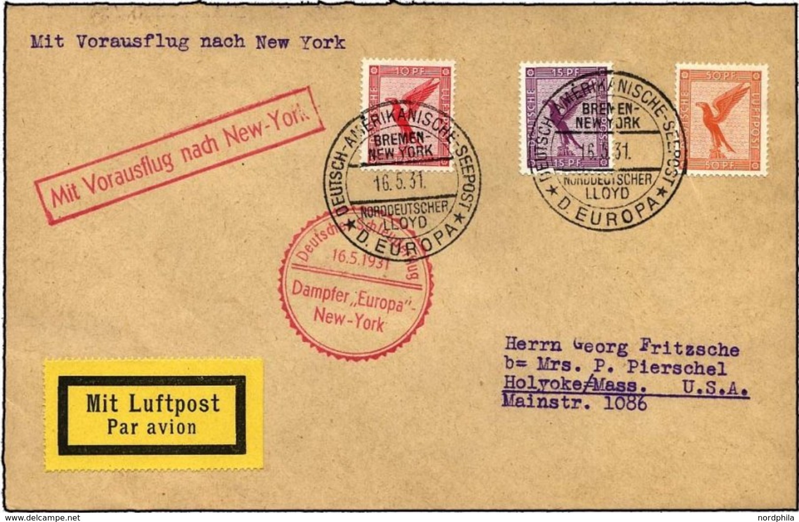 KATAPULTPOST 41b BRIEF, 16.5.1931, Europa - New York, Seepostaufgabe, Prachtbrief - Covers & Documents