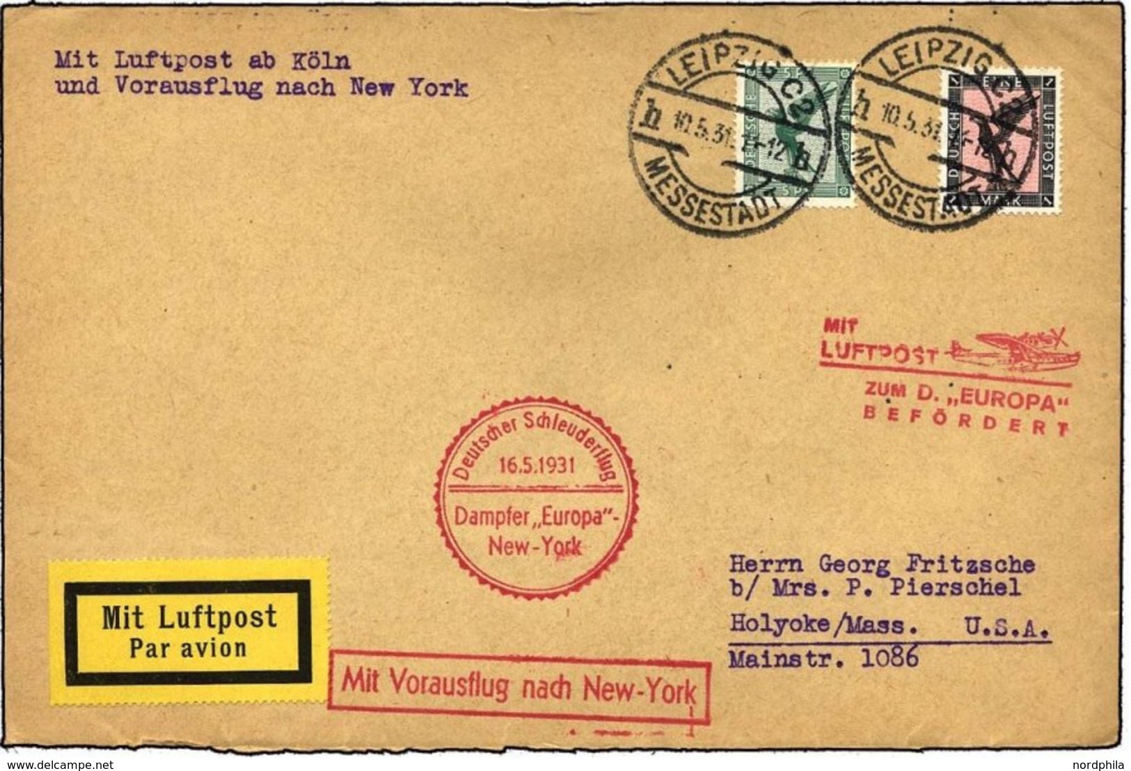 KATAPULTPOST 41c BRIEF, 16.5.1931, Europa - New York, Nachbringe- Und Schleuderflug, Prachtbrief - Covers & Documents