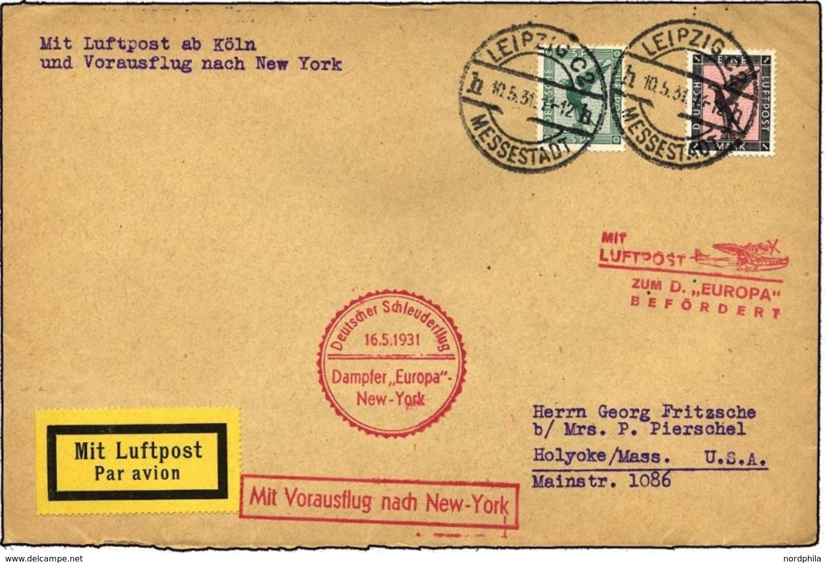 KATAPULTPOST 41c BRIEF, 16.5.1931, Europa - New York, Nachbringe- Und Schleuderflug, Prachtbrief - Storia Postale