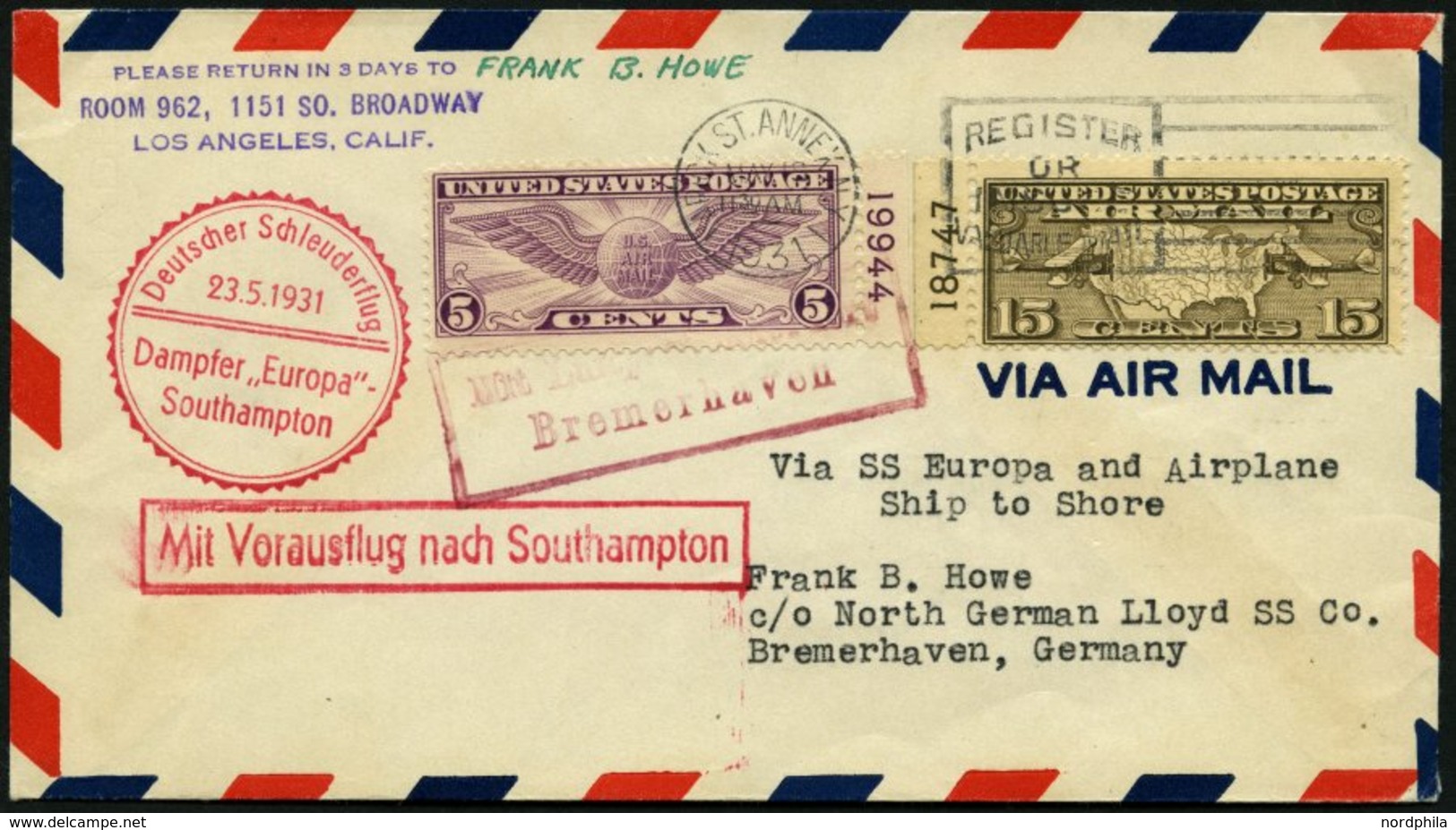 KATAPULTPOST 43a BRIEF, 24.5.1931, &quot,Europa&quot, - Southampton, US-Landpostaufgabe, Beide Marken Mit Plattennummern - Covers & Documents