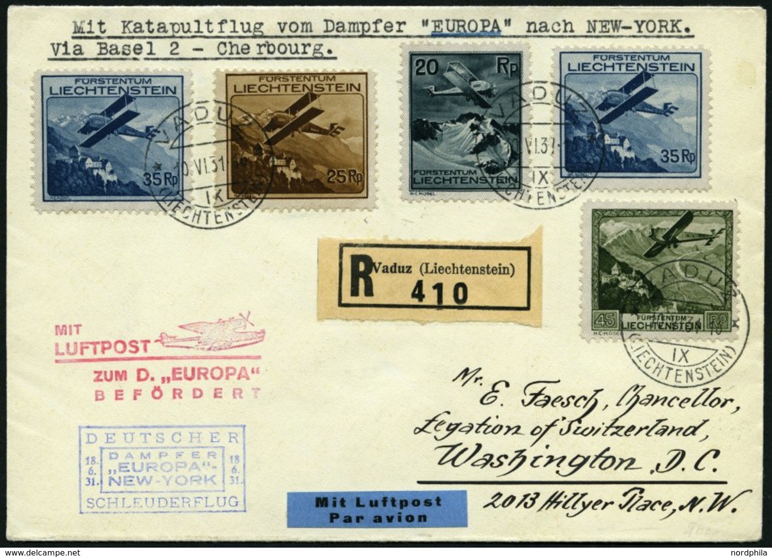 KATAPULTPOST 50Li BRIEF, Liechenstein: 18.6.1931, Europa - New York, Nachbringeflug, Frankiert Mit Mi.Nr. 109, 110, 111  - Storia Postale