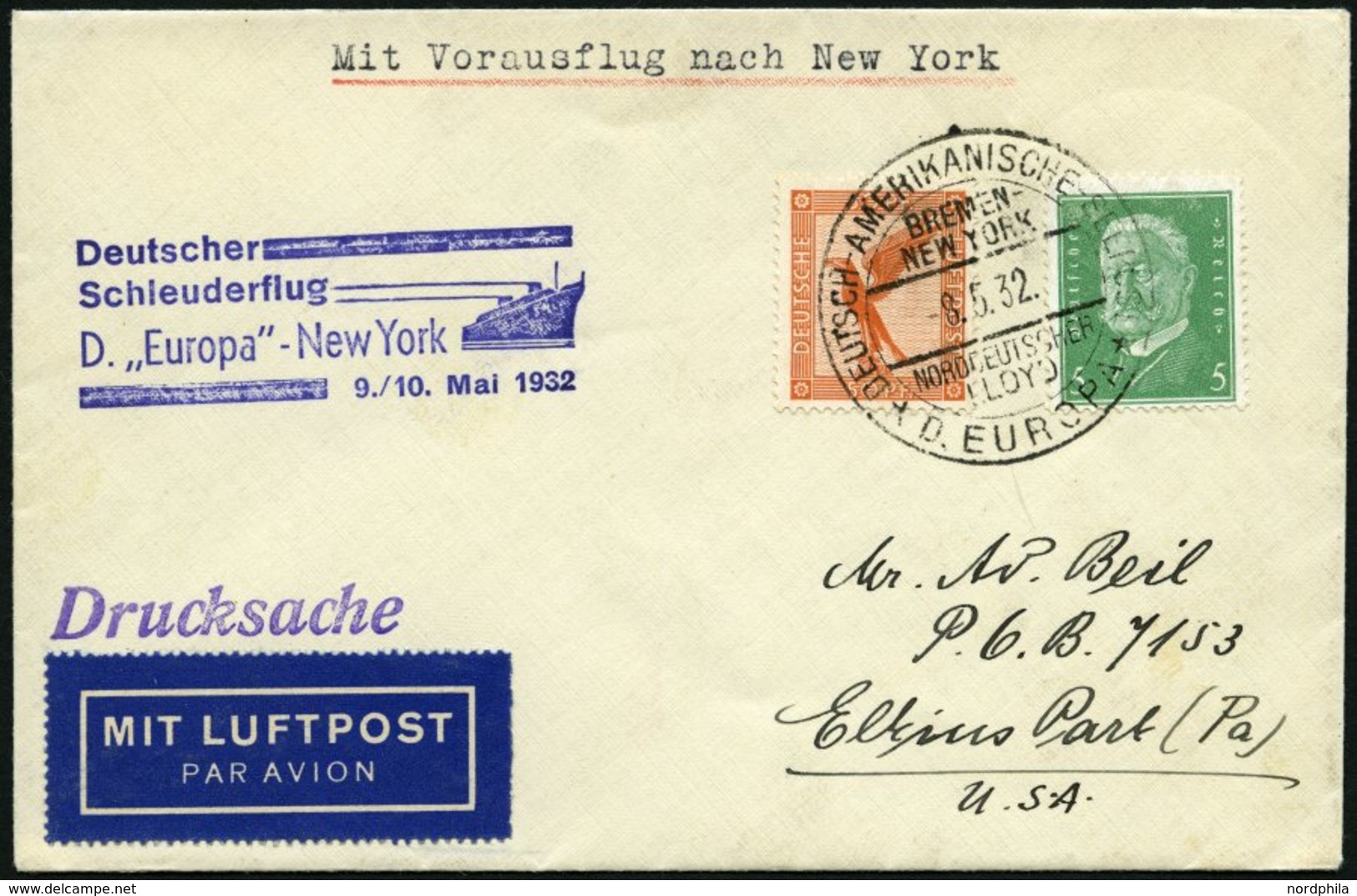 KATAPULTPOST 77b BRIEF, 9.5.1932, &quot,Europa&quot, - New York, Seepostaufgabe, Drucksache, Prachtbrief - Storia Postale