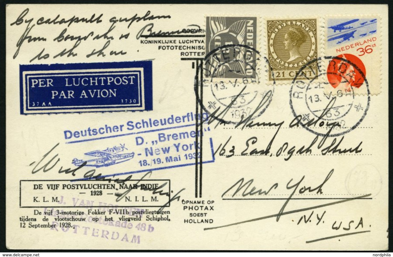KATAPULTPOST 79Nl BRIEF, Niederlande: 18.5.1932, &quot,Bremen&quot, - New York, Prachtkarte - Brieven En Documenten