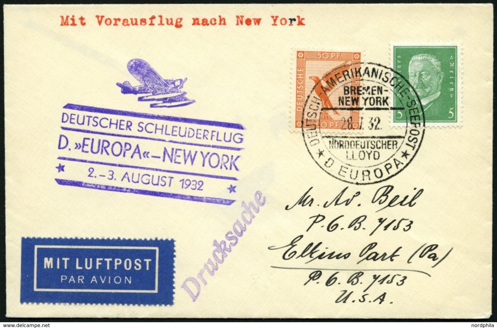 KATAPULTPOST 97b BRIEF, 2.8.9132, &quot,Europa&quot, - New York, Seepostaufgabe, Drucksache, Prachtbrief - Storia Postale