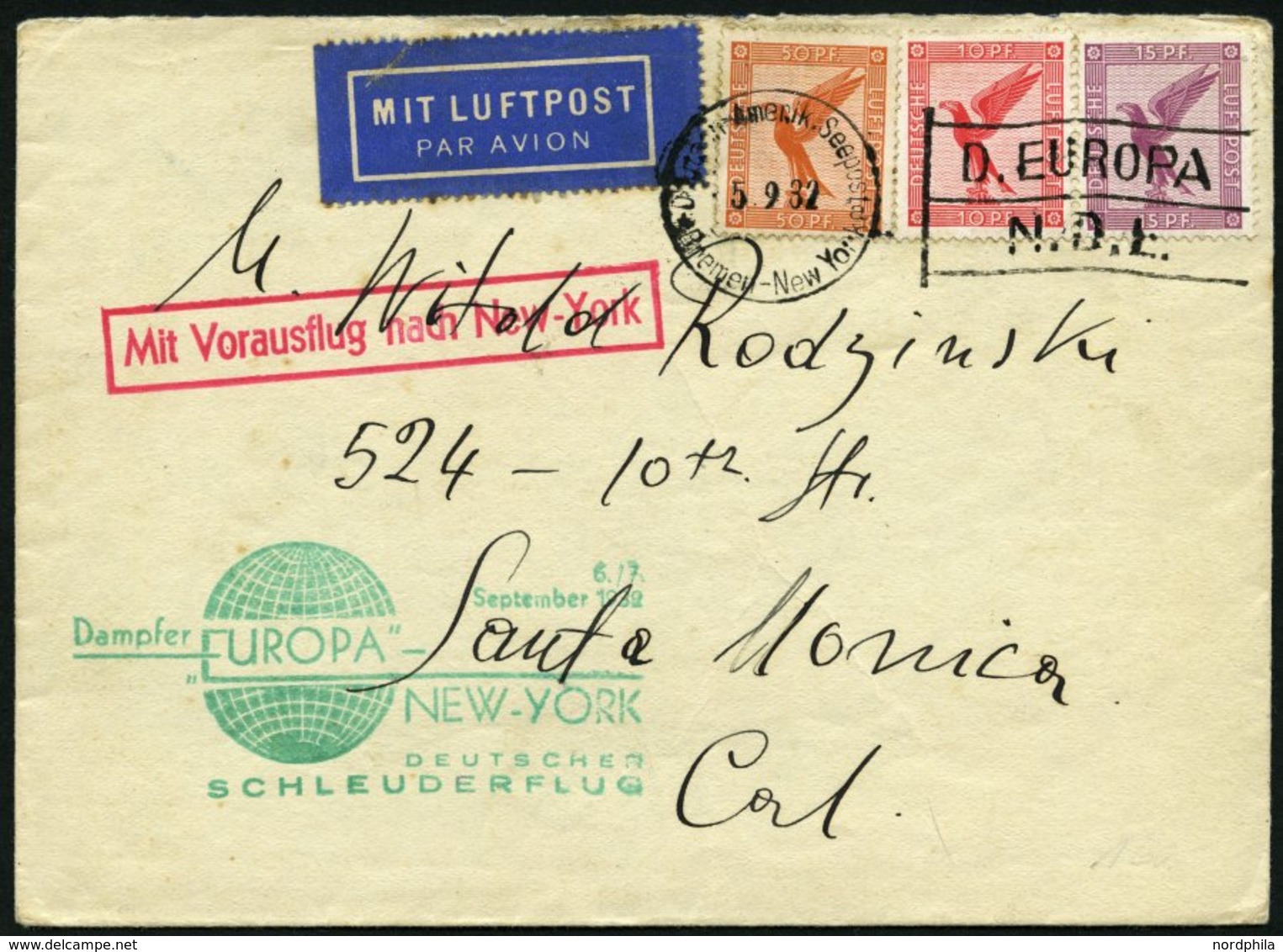 KATAPULTPOST 105b BRIEF, 6.9.1932, &quot,Europa&quot, - New York, Seepostaufgabe, Brief Feinst - Storia Postale
