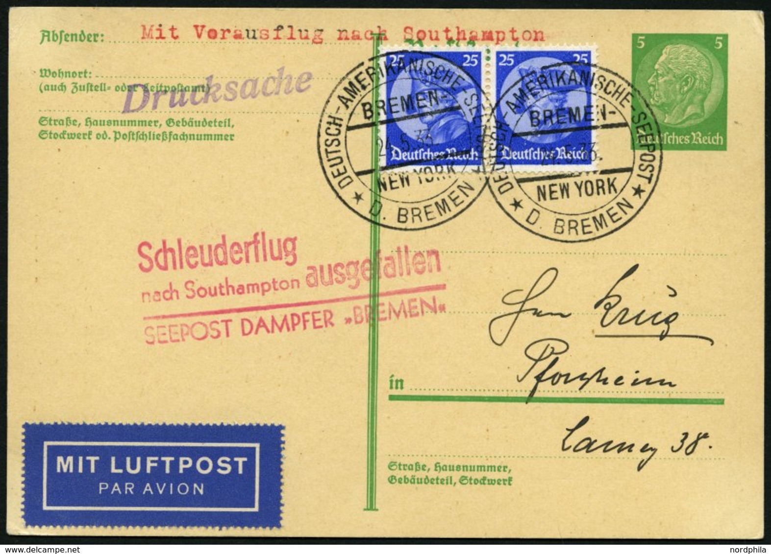 KATAPULTPOST 116c BRIEF, 21.5.1933, Bremen - Flug Ausgefallen, Deutsche Seepostaufgabe, Auf 5 Pf. Hindenburg - Ganzsache - Covers & Documents