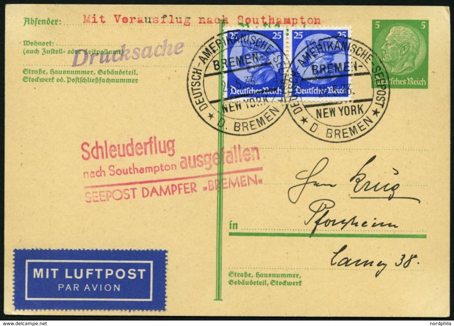 KATAPULTPOST 116c BRIEF, 21.5.1933, Bremen - Flug Ausgefallen, Deutsche Seepostaufgabe, Auf 5 Pf. Hindenburg - Ganzsache - Storia Postale