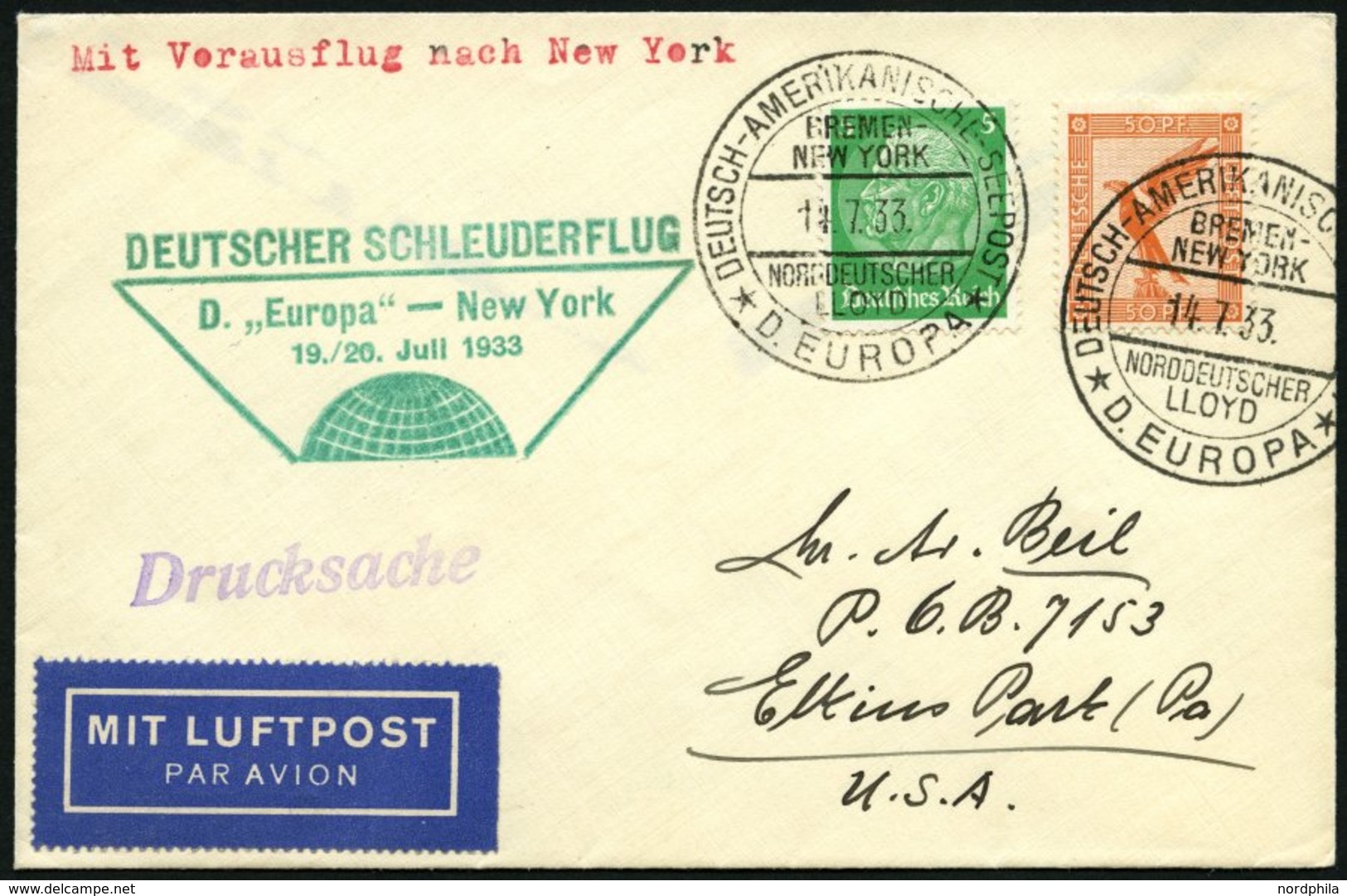 KATAPULTPOST 129b BRIEF, 19.7.1933, &quot,Europa&quot, - New York, Seepostaufgabe, Drucksache, Prachtbrief - Brieven En Documenten