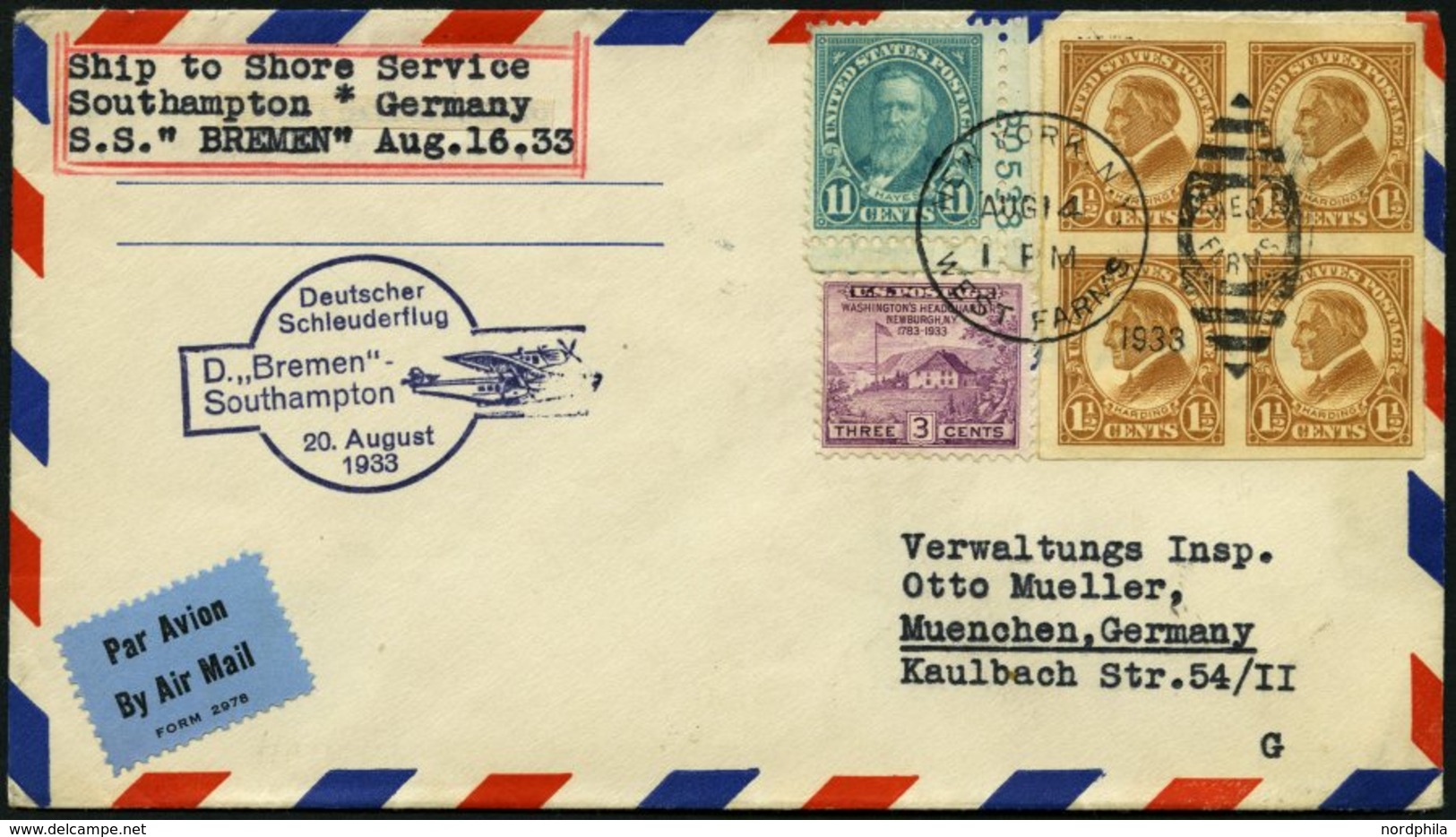 KATAPULTPOST 136a BRIEF, 20.8.1933, Bremen - Southampton, US-Landpostaufgabe, 11 C. Mit Plattennummer, Prachtbrief - Covers & Documents