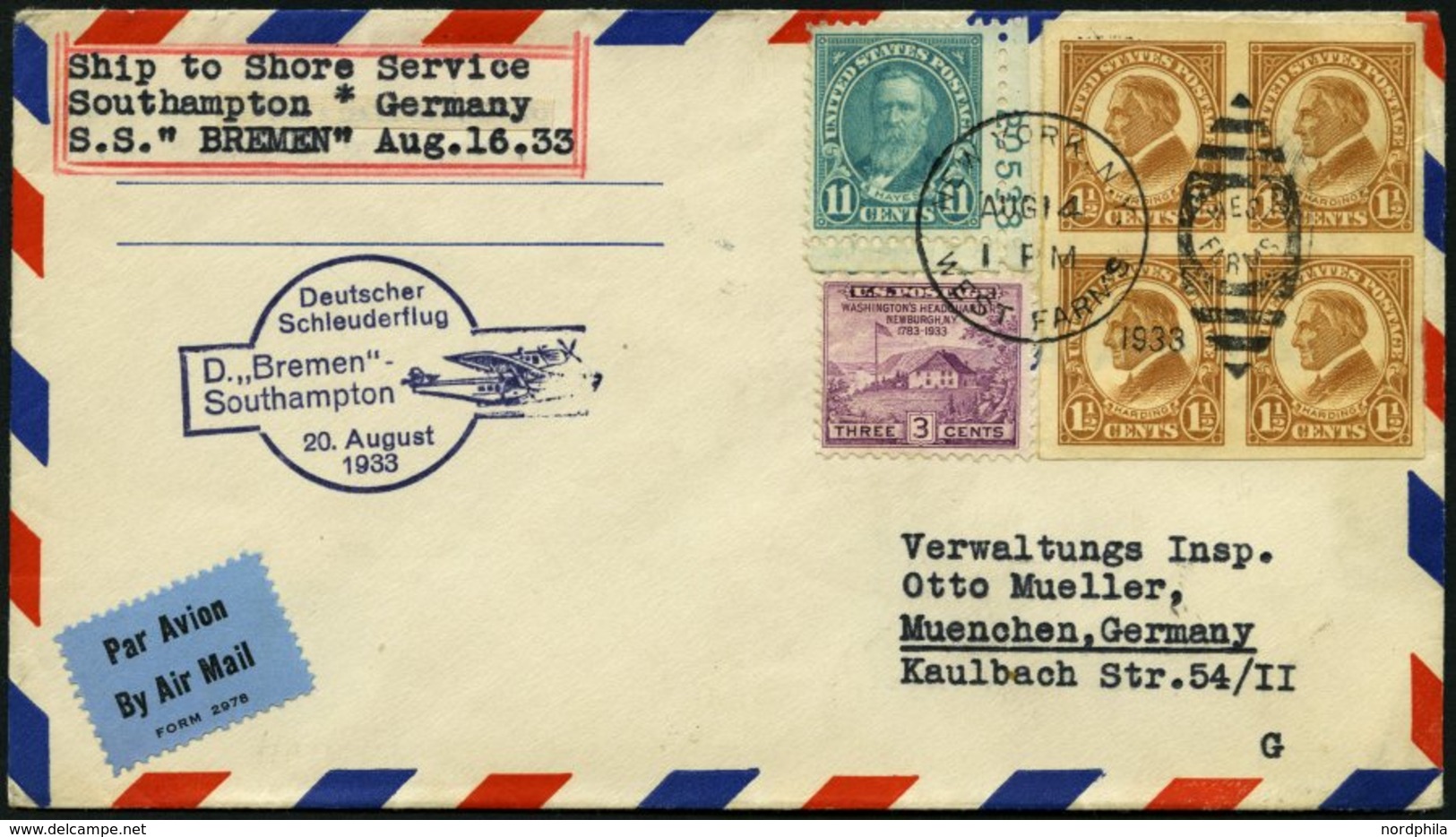 KATAPULTPOST 136a BRIEF, 20.8.1933, Bremen - Southampton, US-Landpostaufgabe, 11 C. Mit Plattennummer, Prachtbrief - Lettres & Documents