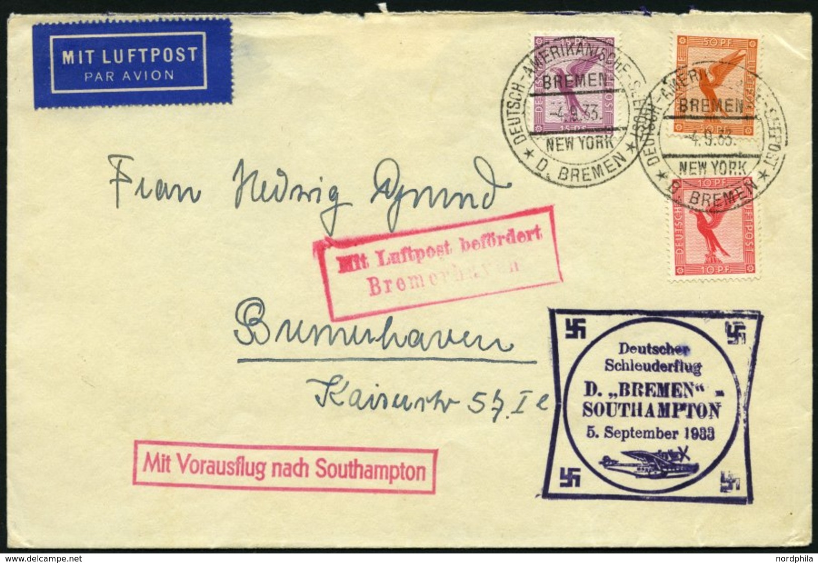 KATAPULTPOST 140c BRIEF, 5.9.1933, &quot,Bremen&quot, - Southampton, Deutsche Seepostaufgabe, Prachtbrief - Briefe U. Dokumente