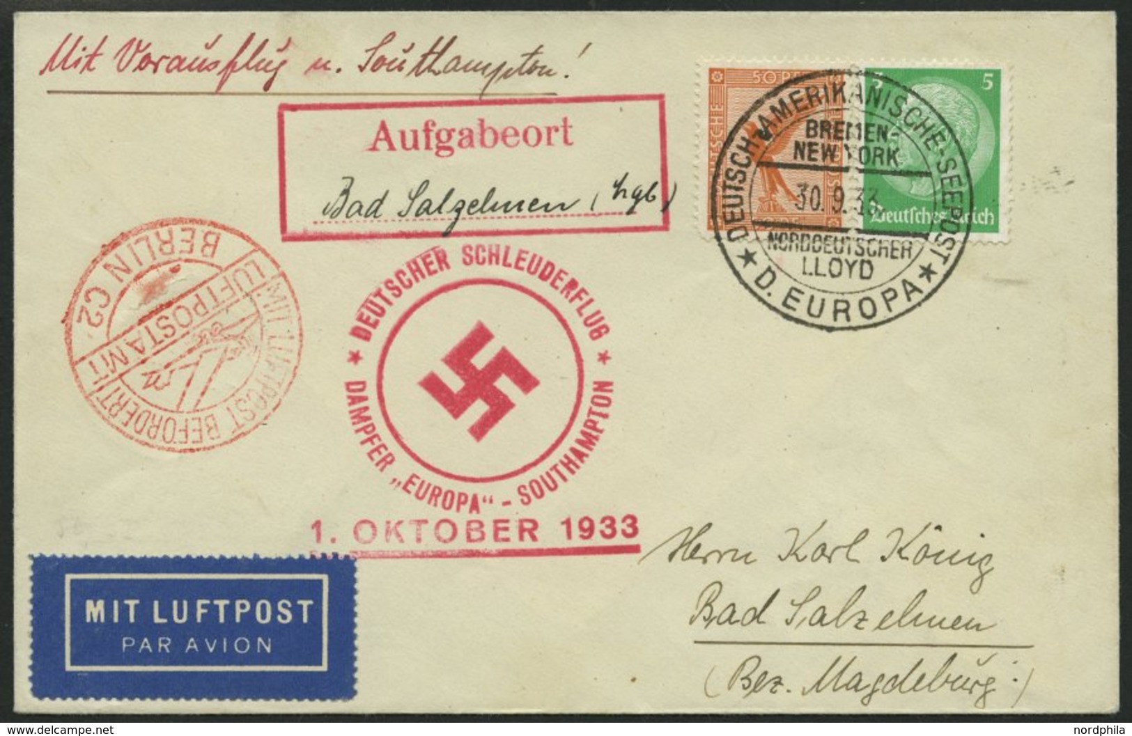 KATAPULTPOST 146c BRIEF, 1.10.1933, Europa - Southampton, Deutsche Seepostaufgabe, 50 Pf. Kleiner Zahnfehler, Prachtbrie - Brieven En Documenten