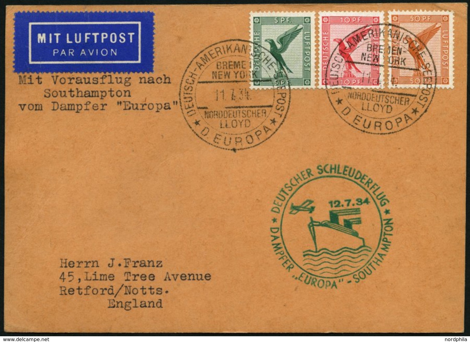 KATAPULTPOST 164c BRIEF, 12.7.1934, Europa - Southampton, Deutsche Seepostaufgabe, Prachtkarte - Storia Postale