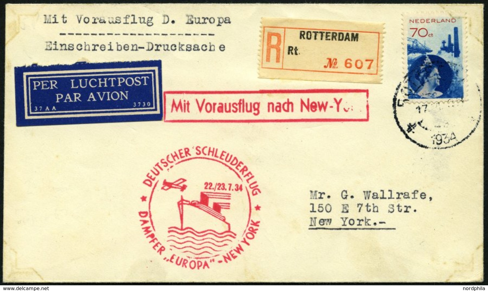 KATAPULTPOST 167Nl BRIEF, Niederlande: 22.7.1934, &quot,Europa&quot, - New York, Einschreib-Drucksache, Brief Feinst, RR - Cartas & Documentos