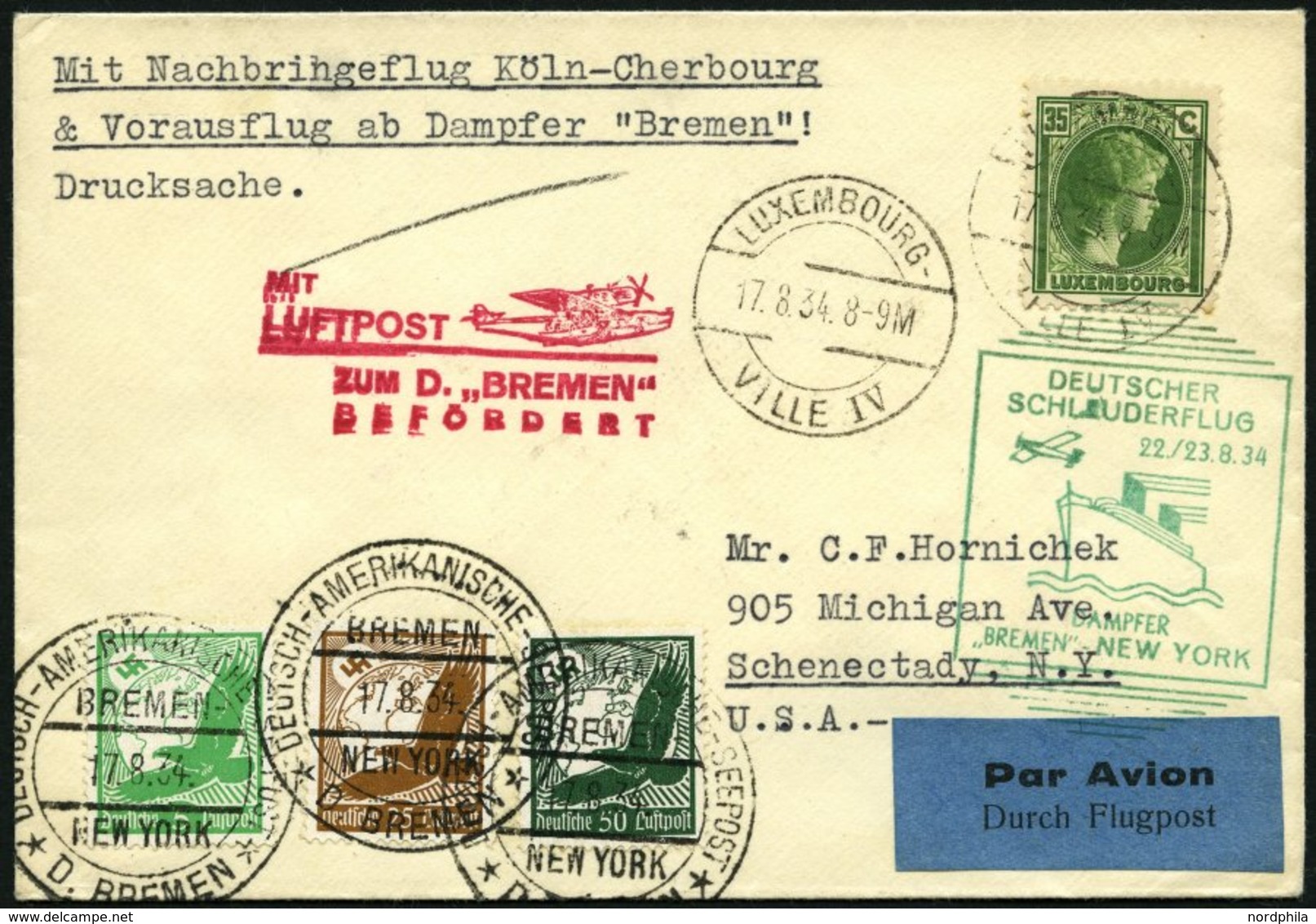 KATAPULTPOST 173Lu BRIEF, Luxemburg: 22.8.1934, Bremen - New York, Nachbringeflug, Zweiländerfrankatur, Prachtbrief, RR! - Brieven En Documenten