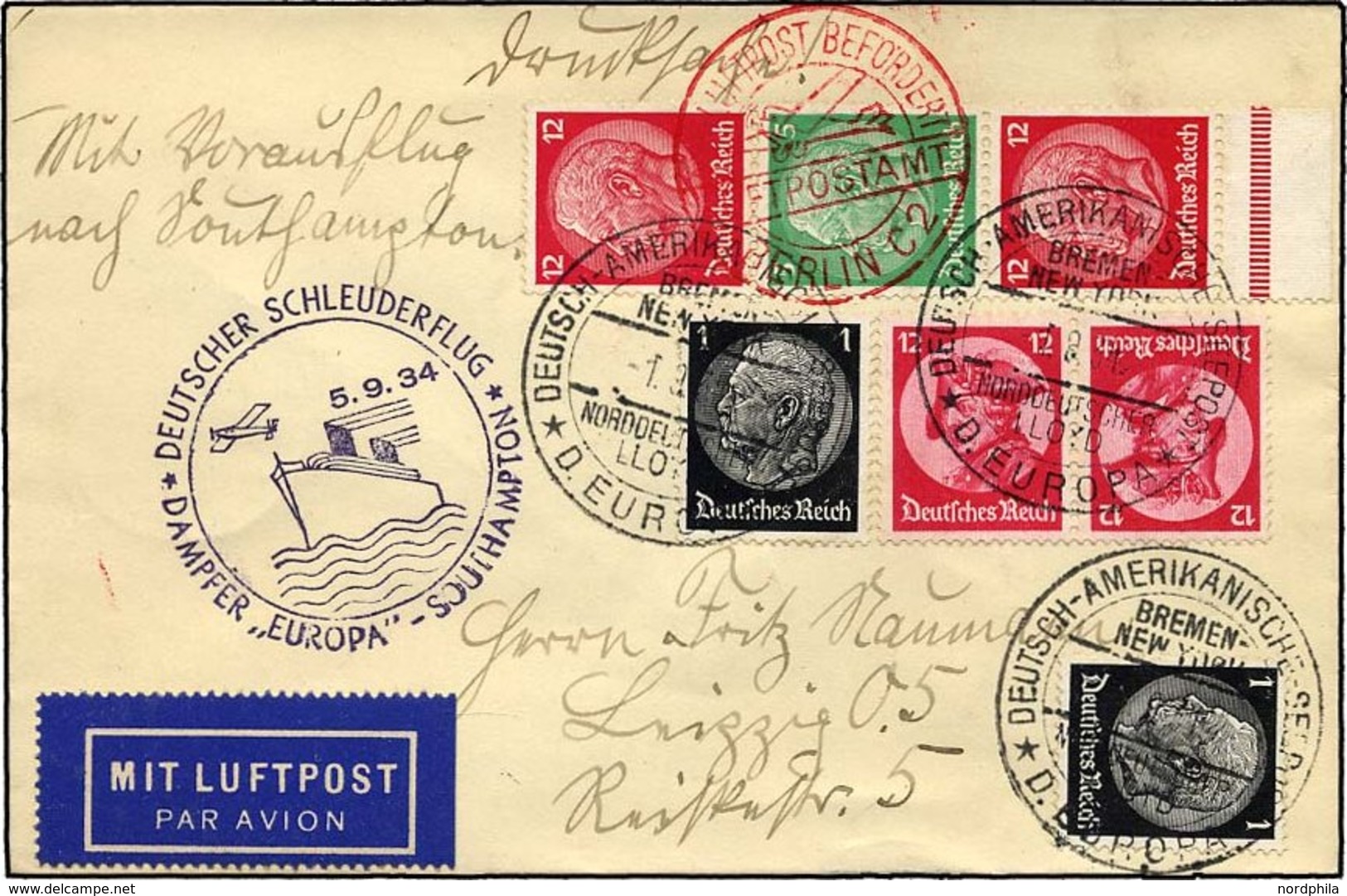 KATAPULTPOST 176c BRIEF, 5.9.1934, Europa - Southampton, Deutsche Seepostaufgabe, Frankiert U.a. Mit S 109, Drucksache,  - Brieven En Documenten