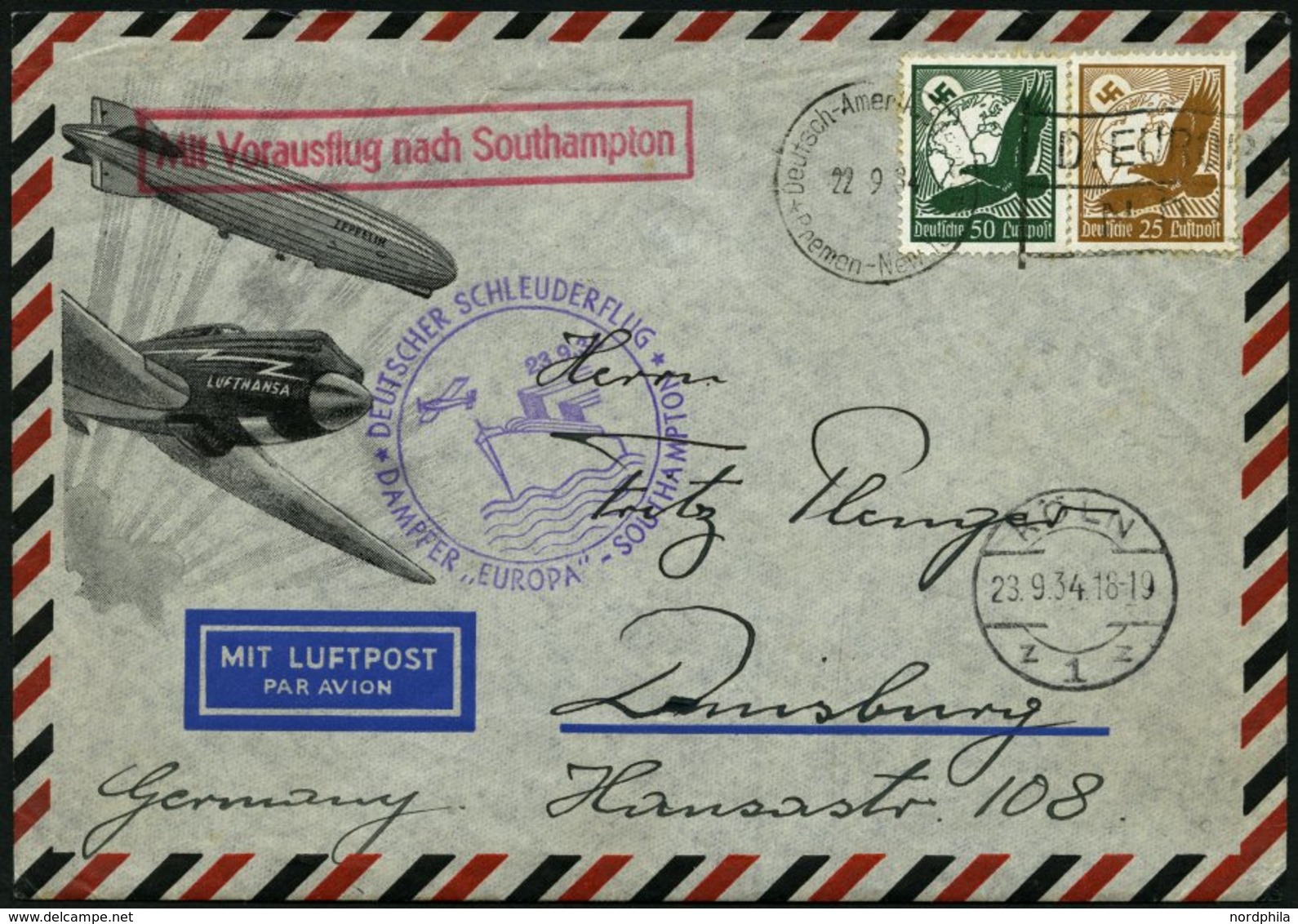 KATAPULTPOST 180c BRIEF, 23.9.1934, &quot,Europa&quot, - Southampton, Deutsche Seepostaufgabe, Prachtbrief - Storia Postale