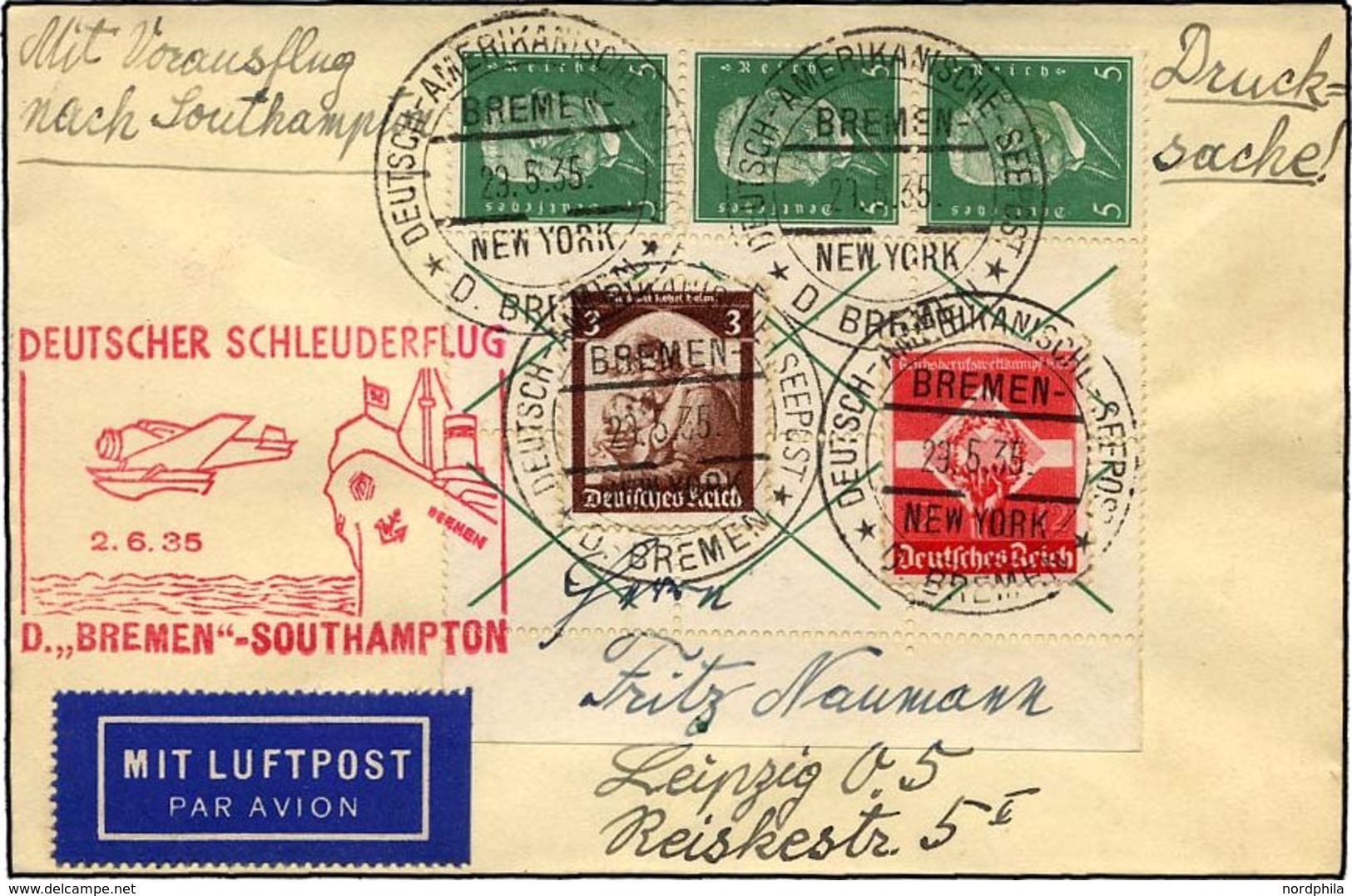 KATAPULTPOST 190c BRIEF, 2.6.1935, Bremen - Southampton, Deutsche Seepostaufgabe, Drucksache, Pracht - Cartas & Documentos