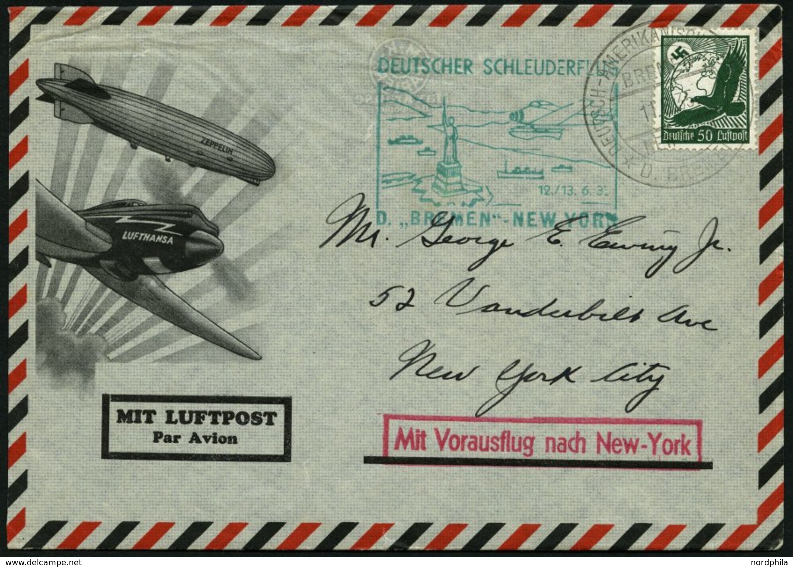 KATAPULTPOST 192b BRIEF, 12.6.1935, &quot,Bremen&quot, - New York, Seepostaufgabe, Prachtbrief - Cartas & Documentos