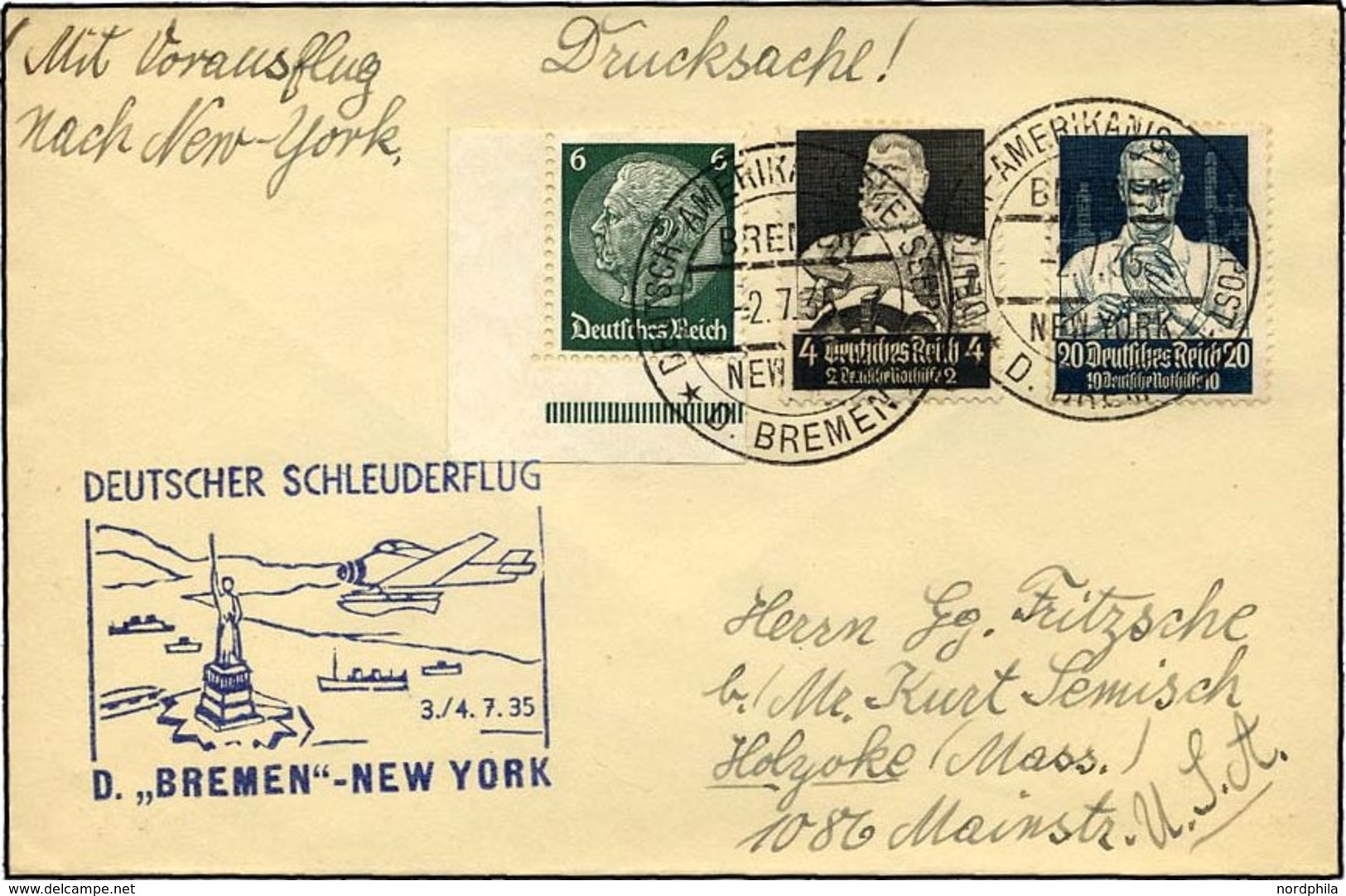 KATAPULTPOST 196b BRIEF, 3.7.1935, Bremen - New York, Seepostaufgabe, Frankiert U.a. Mit Mi.Nr. 562, Drucksache, Pracht - Cartas & Documentos