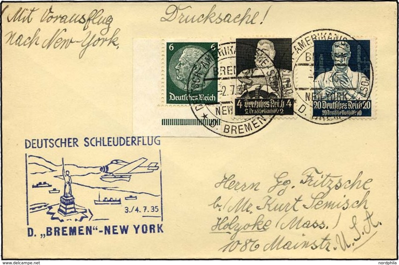 KATAPULTPOST 196b BRIEF, 3.7.1935, Bremen - New York, Seepostaufgabe, Frankiert U.a. Mit Mi.Nr. 562, Drucksache, Pracht - Lettres & Documents