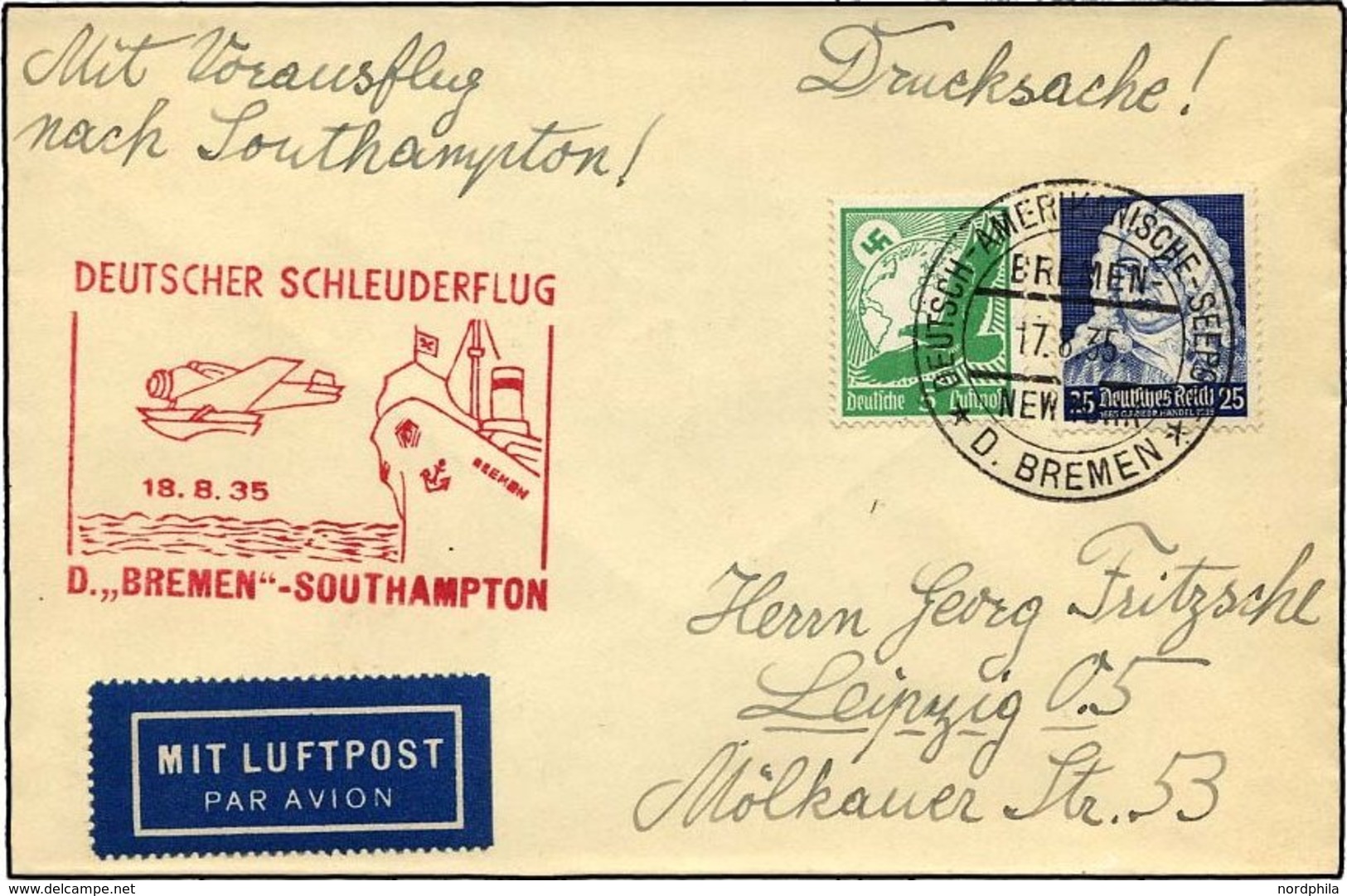 KATAPULTPOST 206c BRIEF, 18.8.1935, Bremen - Southampton, Deutsche Seepostaufgabe, Drucksache, Pracht - Storia Postale
