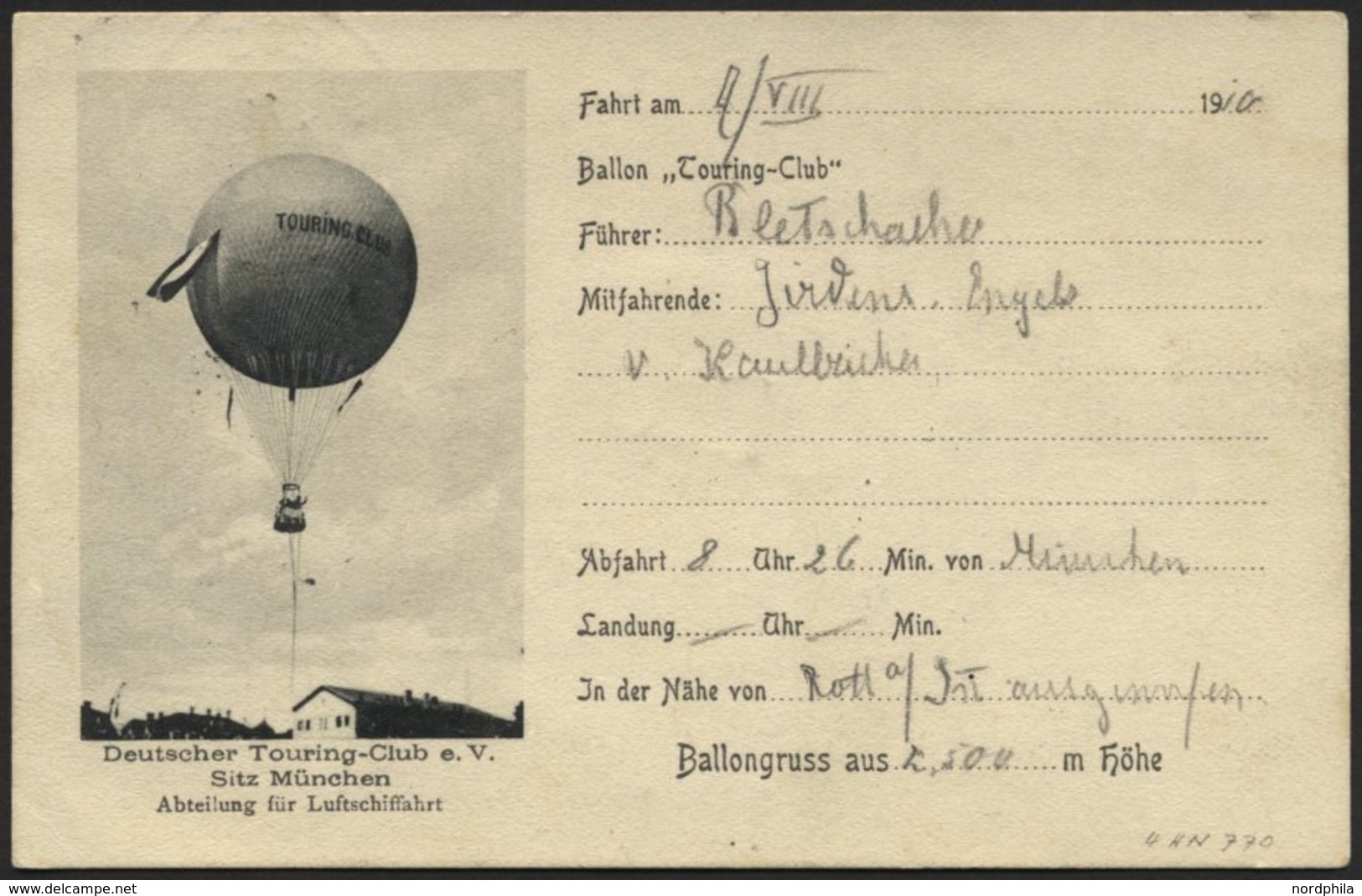 BALLON-FAHRTEN 1897-1916 11.8.1910, Deutscher Touring-Club Abt. Luftschiffahrt München, Abwurf Vom Ballon TOURING-CLUB ü - Montgolfier